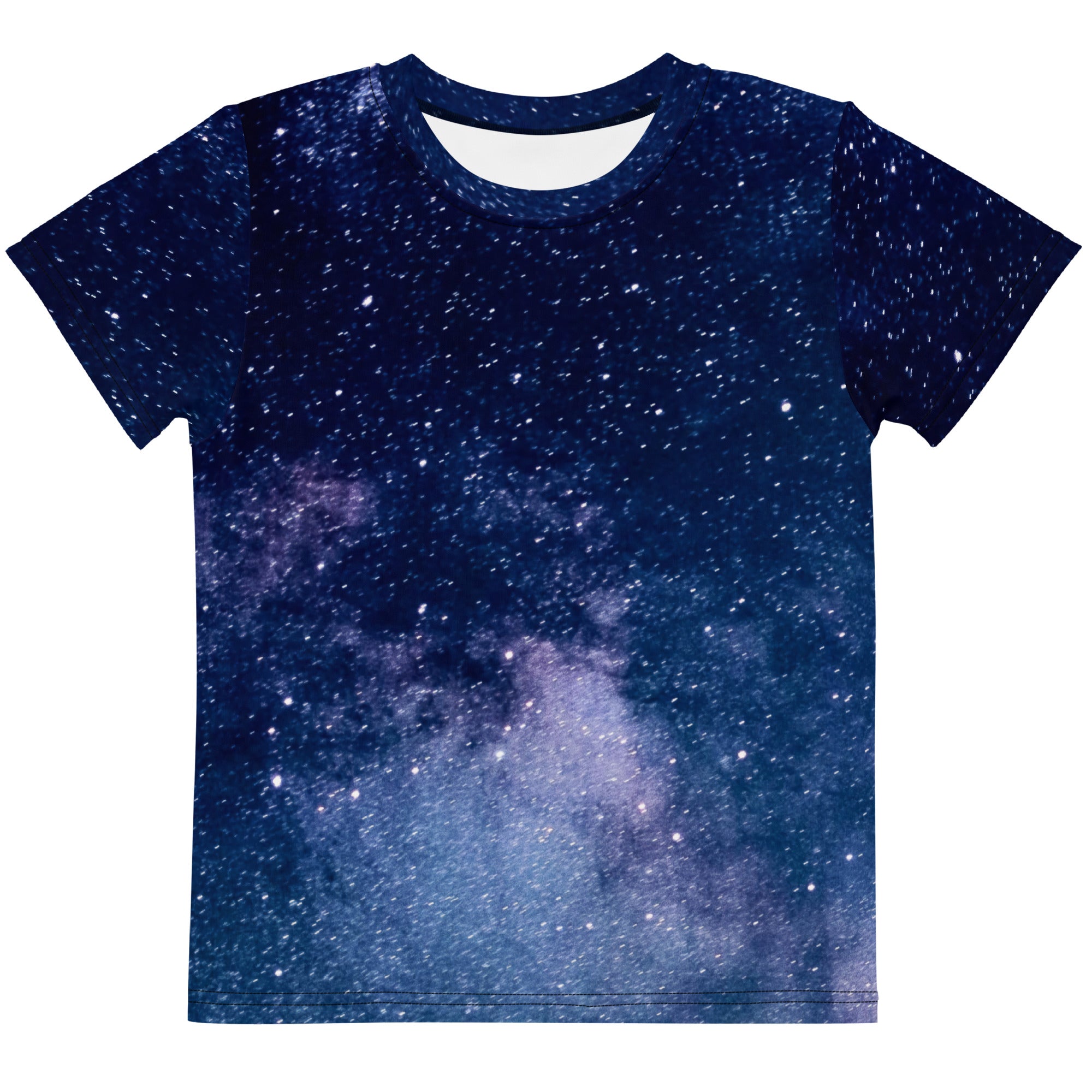 Kids navy blue cotton t-shirt with realistic milky way galaxy full-body print in purple and white stars