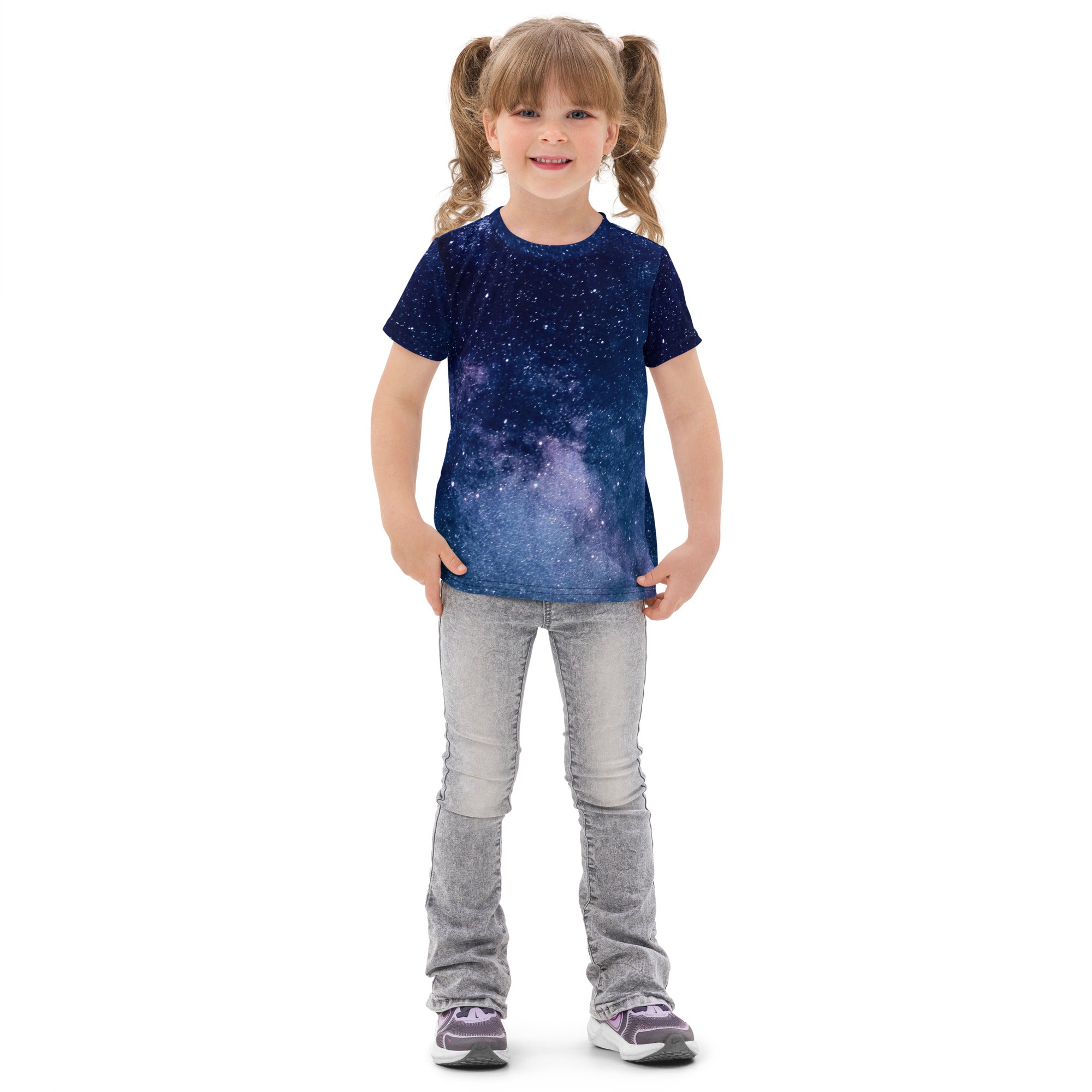 Kids navy blue cotton short-sleeved t-shirt with realistic purple and white galaxy print featuring stars and nebulae