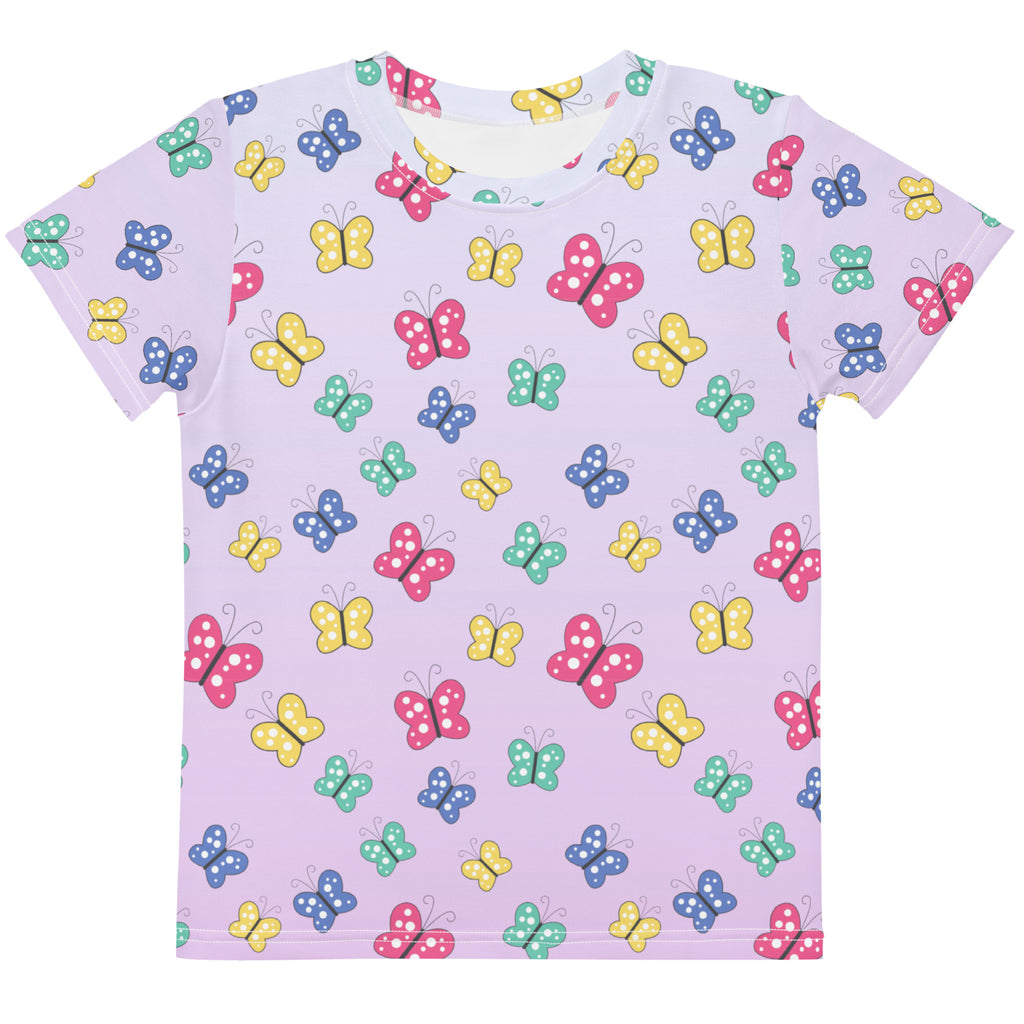 Girls colorful butterflies cotton t-shirt light purple with playful all-over print of pink yellow blue and green butterflies