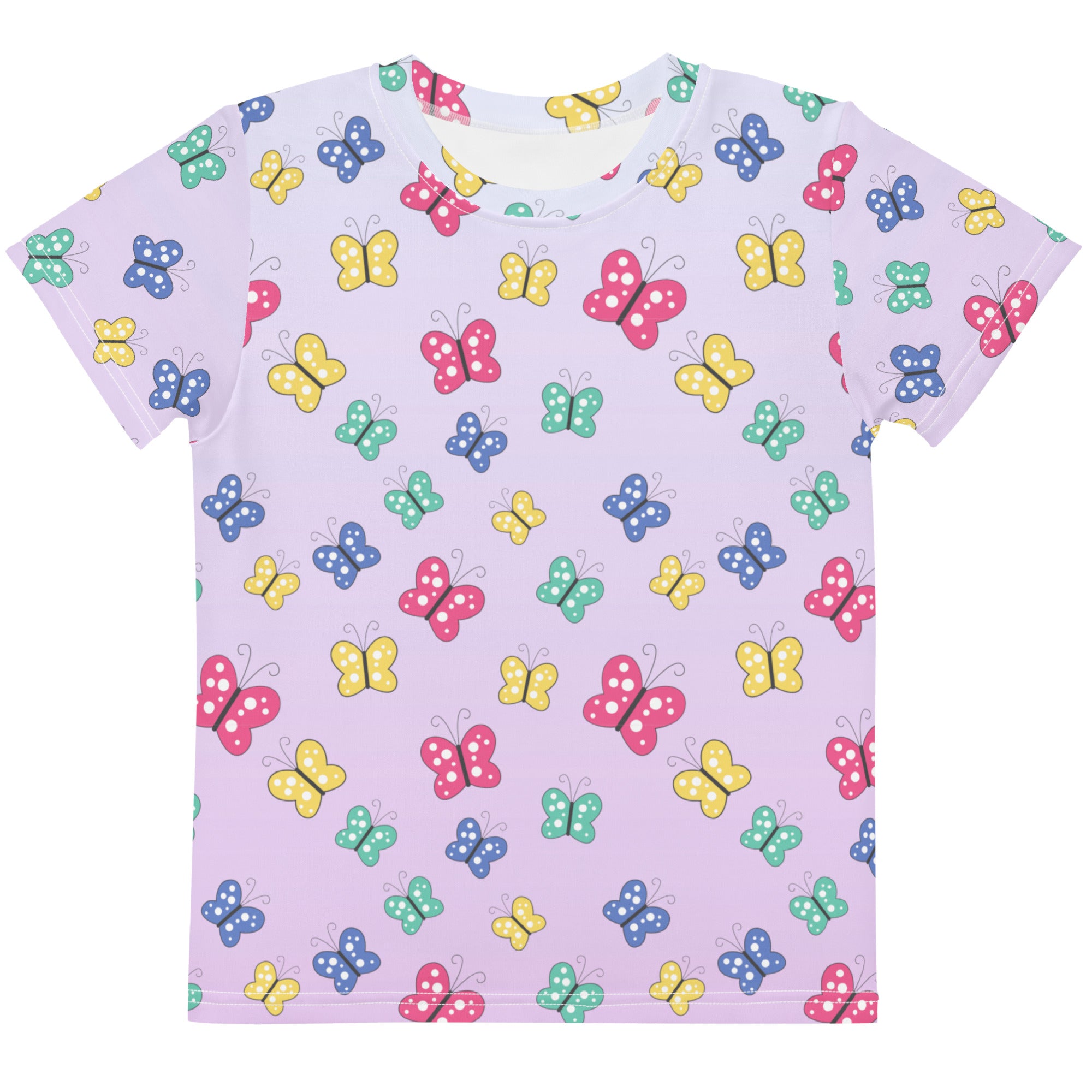 Girls colorful butterflies cotton t-shirt light purple with playful all-over print of pink yellow blue and green butterflies