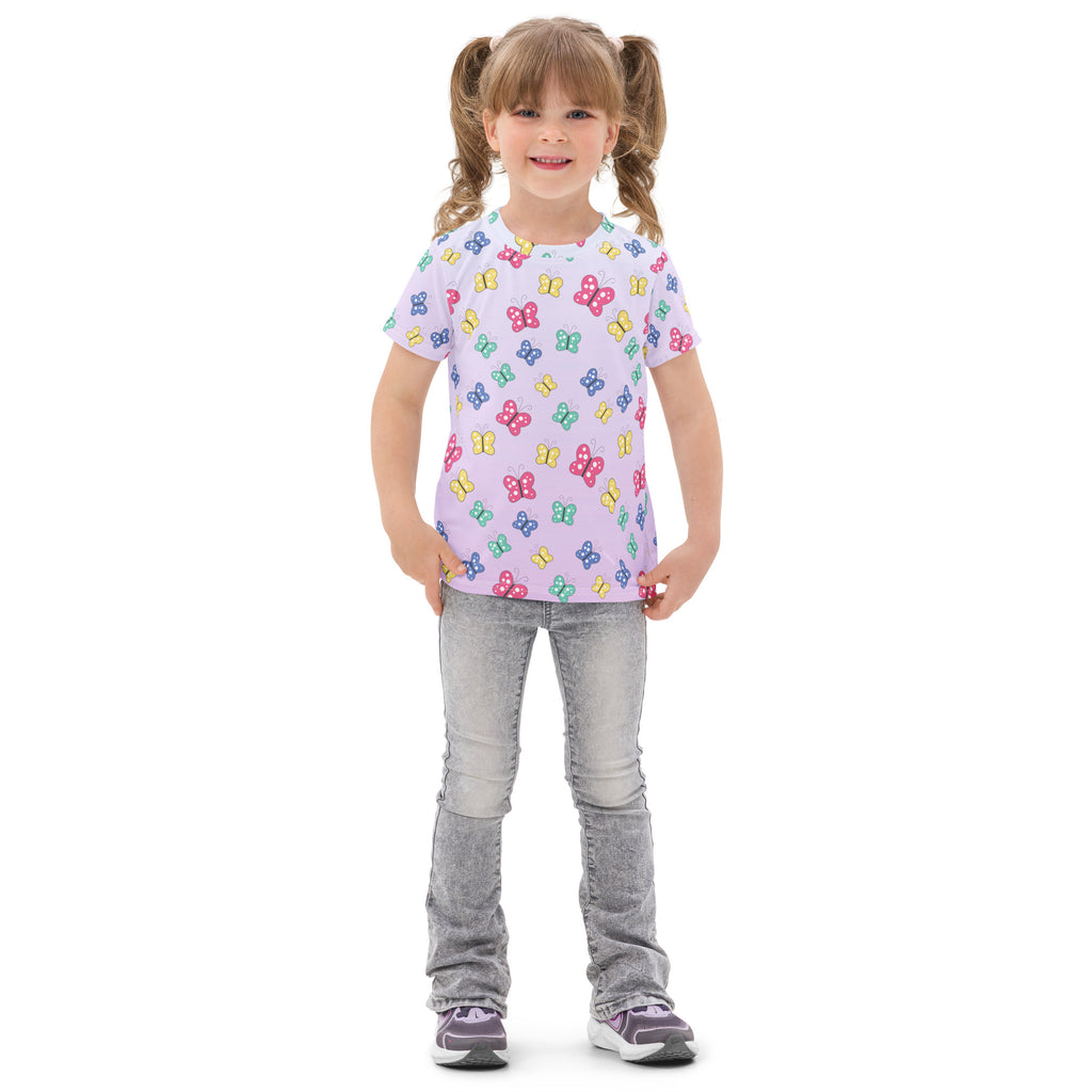 Girls colorful butterflies cotton t-shirt in light purple with multicolored butterfly pattern on short sleeves