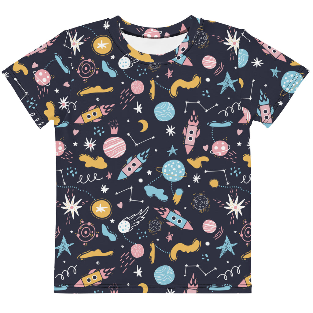 Kids outer space cotton t-shirt navy blue with colorful cartoon rockets planets stars print in pastel colors