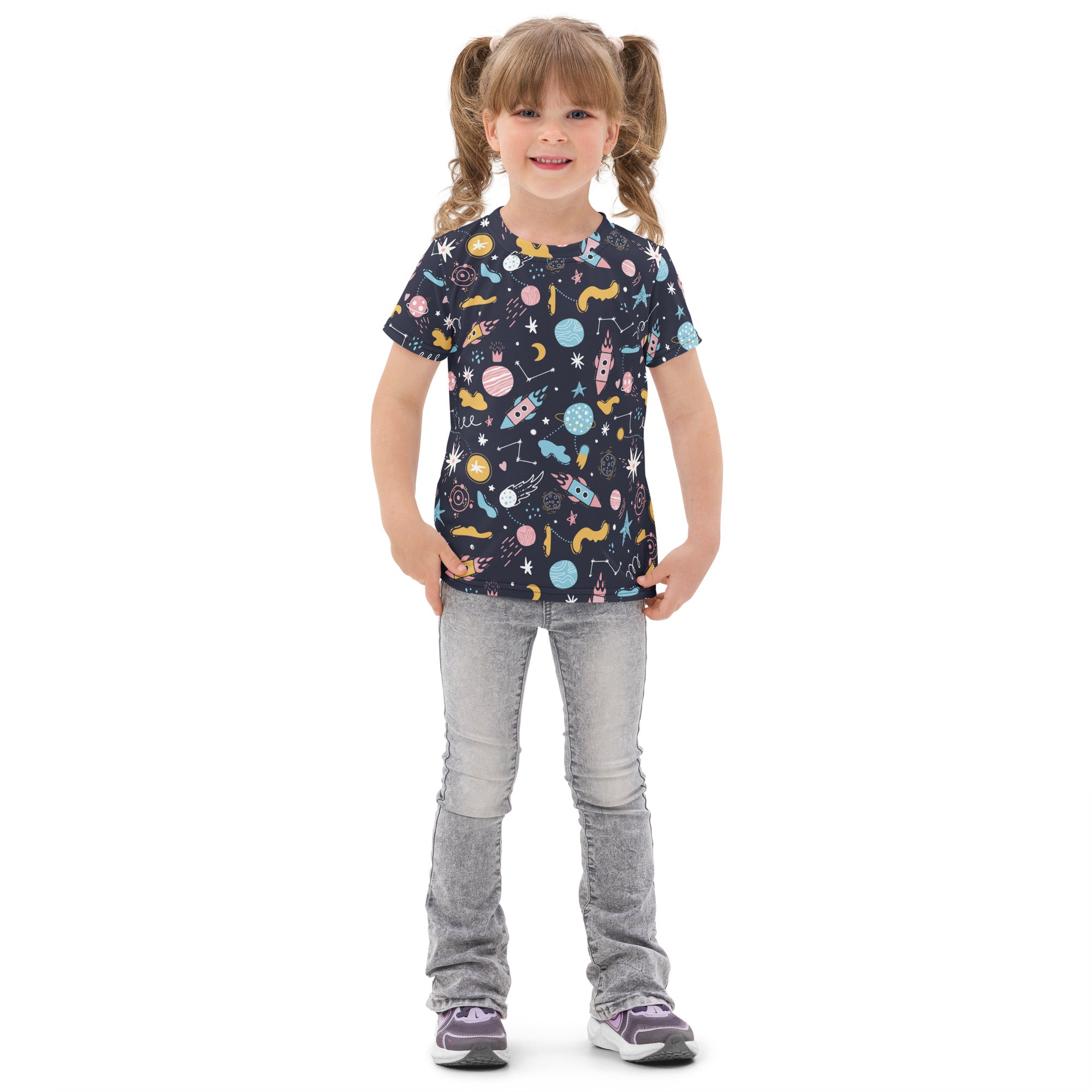 Kids outer space cotton t-shirt in navy blue with short sleeves and colorful pastel planets rockets and stars print
