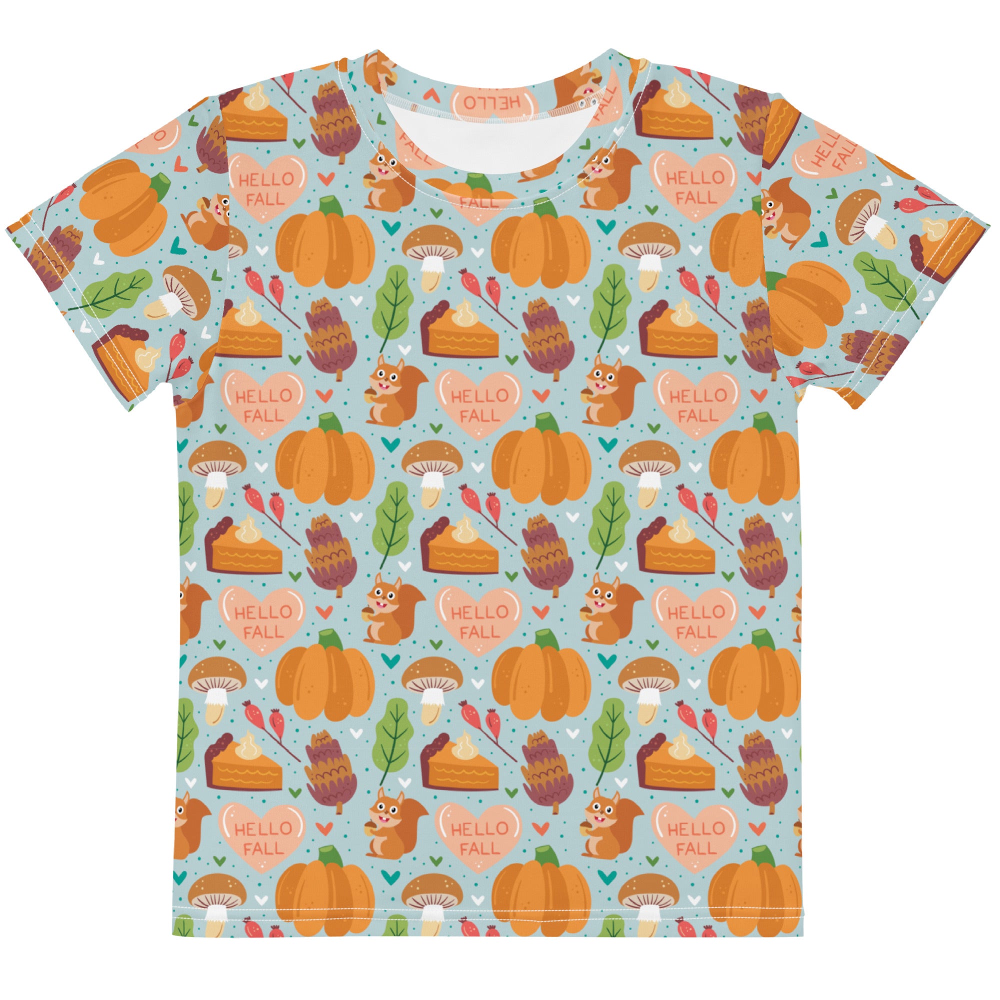 Kids hello fall pumpkin cotton t-shirt in light blue with playful orange pumpkins brown squirrels and peach hello fall hearts
