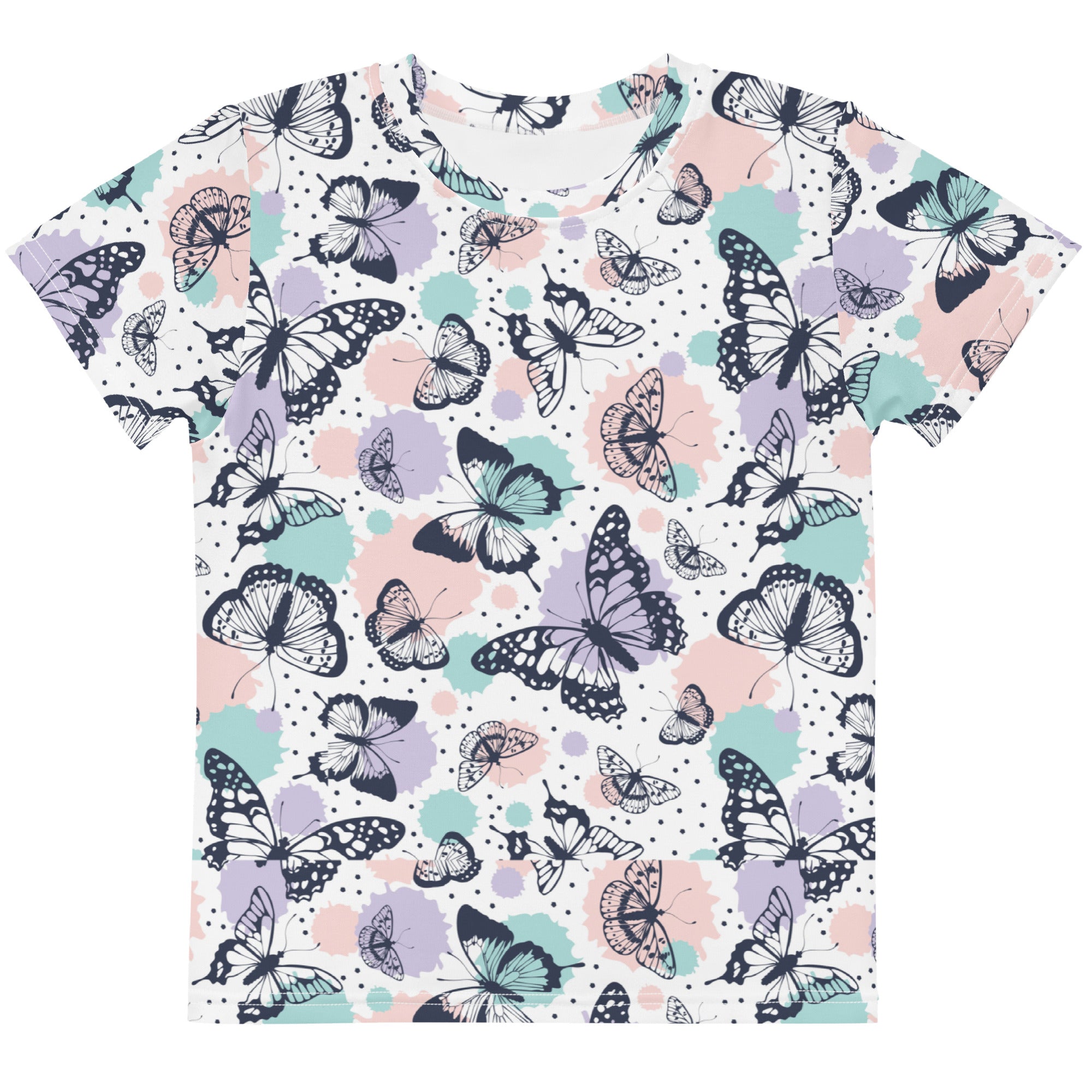 Kids pastel butterfly garden cotton t-shirt with vibrant black teal and lavender butterfly print on white background