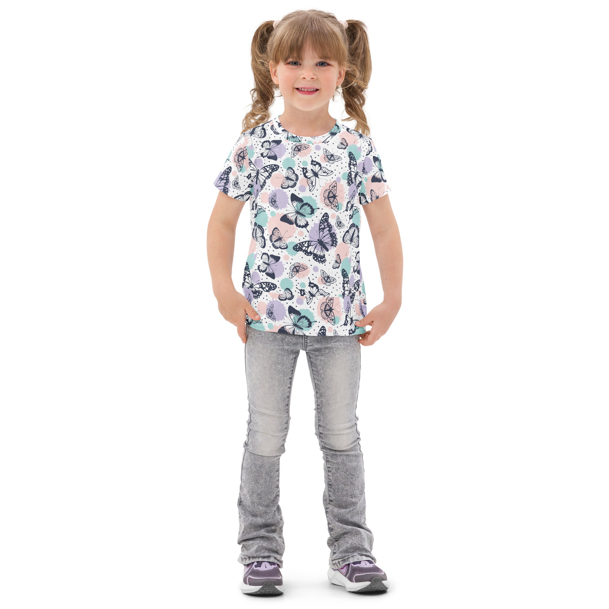 Kids pastel butterfly garden cotton t-shirt with short sleeves and playful pastel butterfly pattern on white background