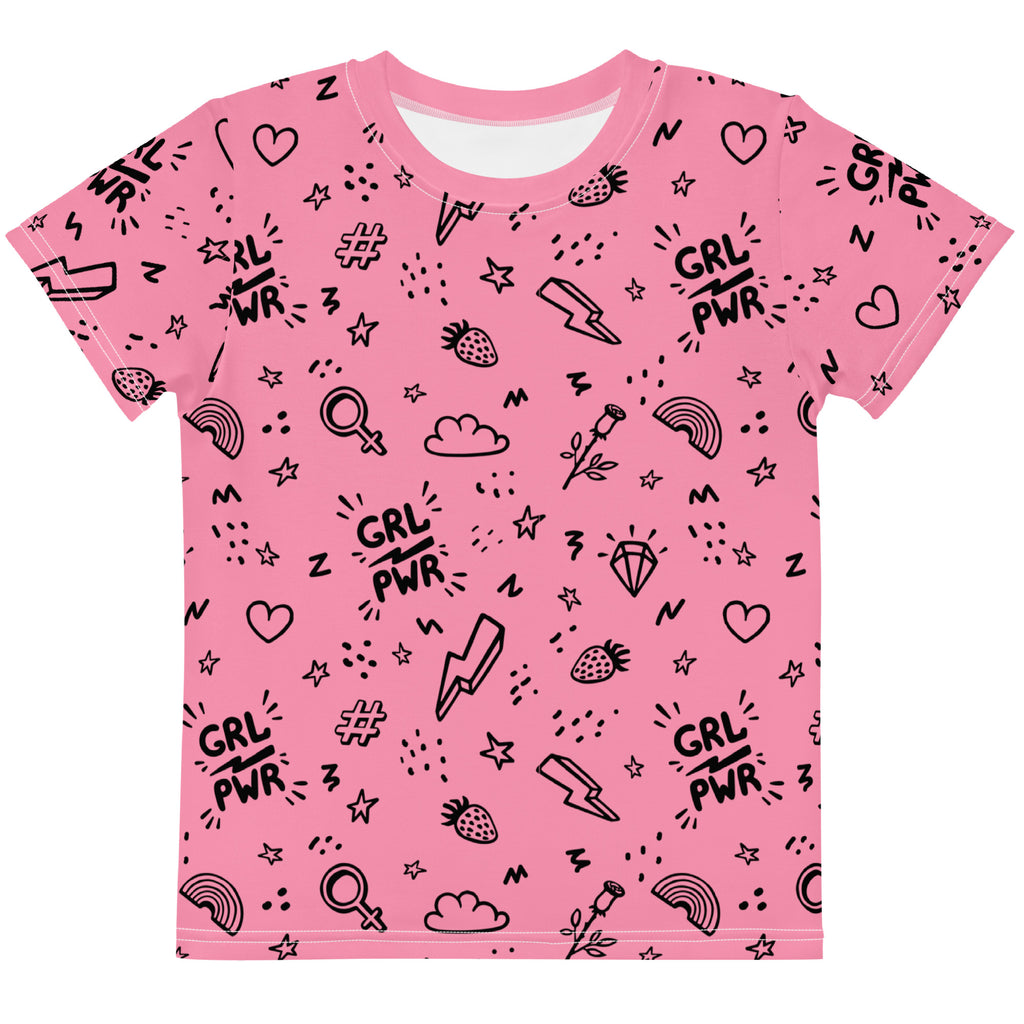 Pink girl power cotton t-shirt with black all-over print of grl pwr text, lightning bolts, strawberries, rainbows, and hearts