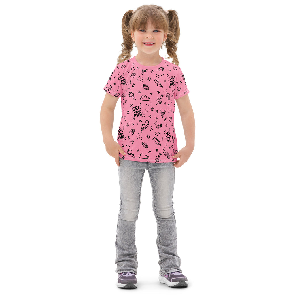 Pink cotton short-sleeved t-shirt with black grl pwr graphic print and doodles girl power cotton t-shirt