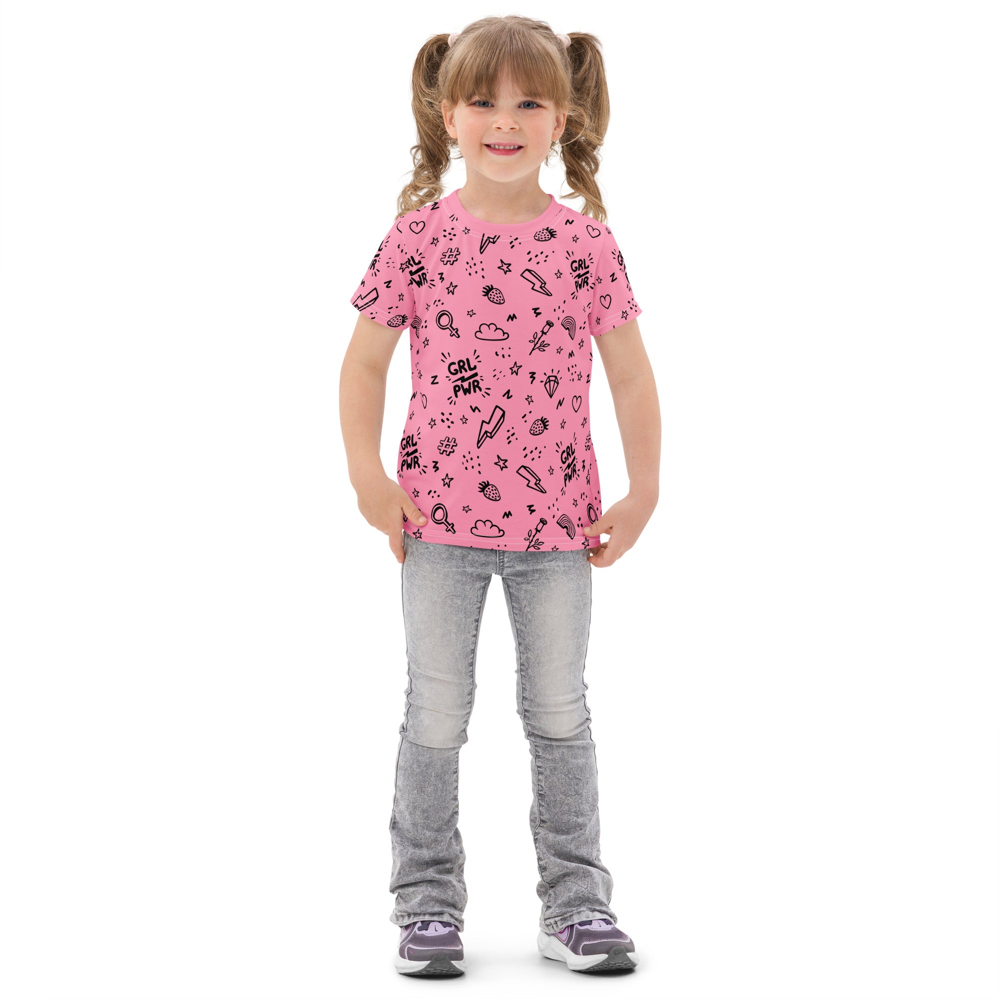 Pink cotton short-sleeved t-shirt with black grl pwr graphic print and doodles girl power cotton t-shirt