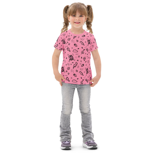 Pink cotton short-sleeved t-shirt with black grl pwr graphic print and doodles girl power cotton t-shirt