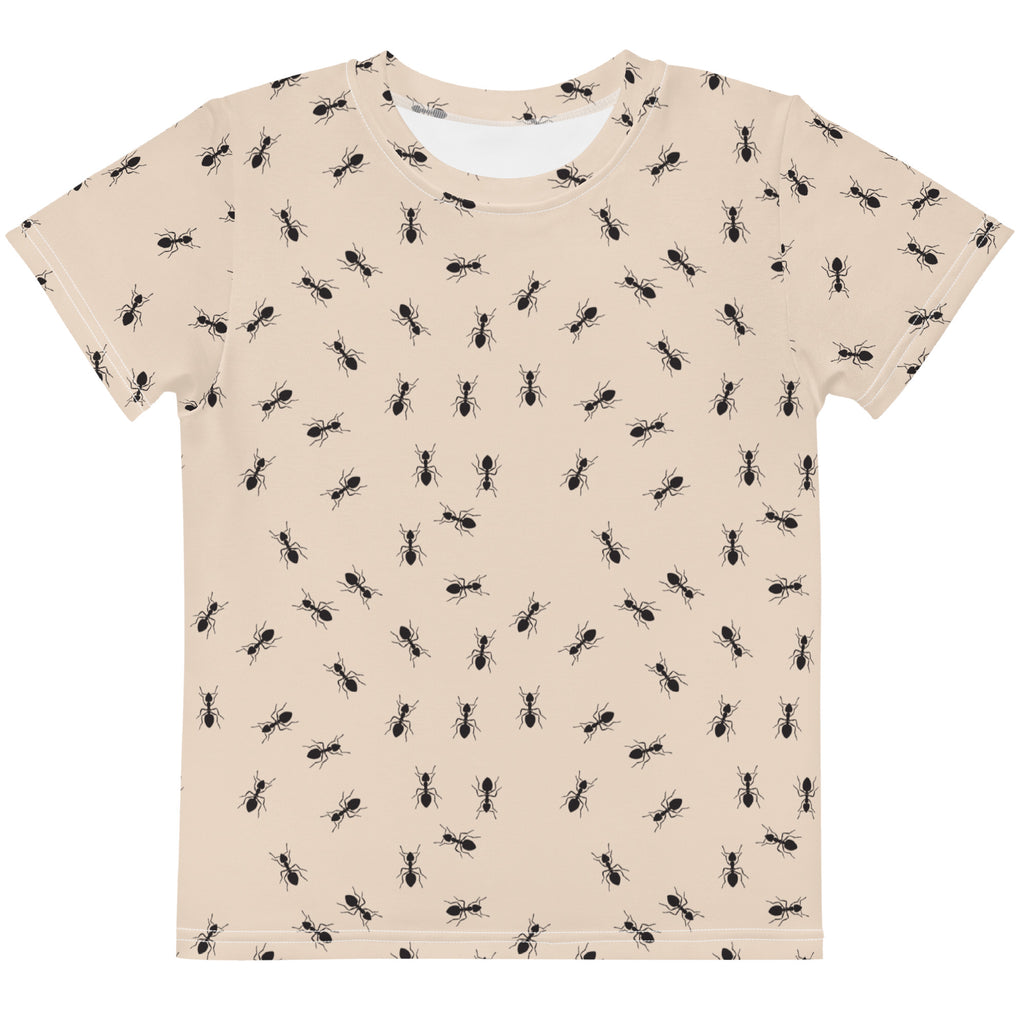 Beige kids ant cotton t-shirt with short sleeves featuring a repeating black ant silhouette pattern