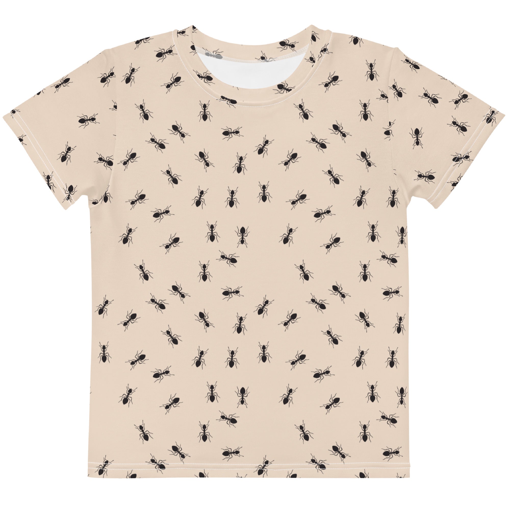 Beige kids ant cotton t-shirt with short sleeves featuring a repeating black ant silhouette pattern