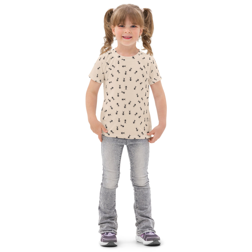 Beige kids ant cotton t-shirt with short sleeves featuring a playful black ant pattern for children