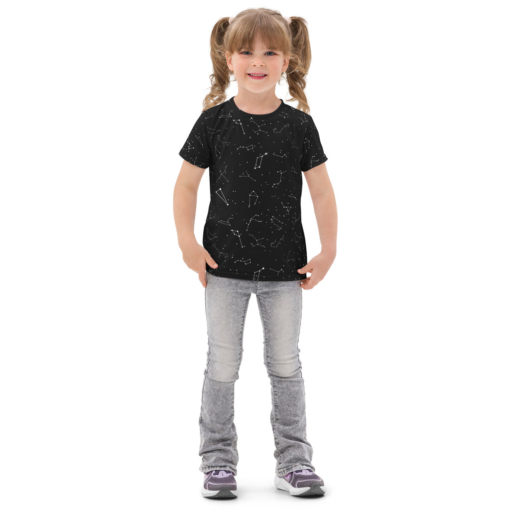 Black kids cotton short-sleeved t-shirt featuring a white realistic constellation pattern for casual wear