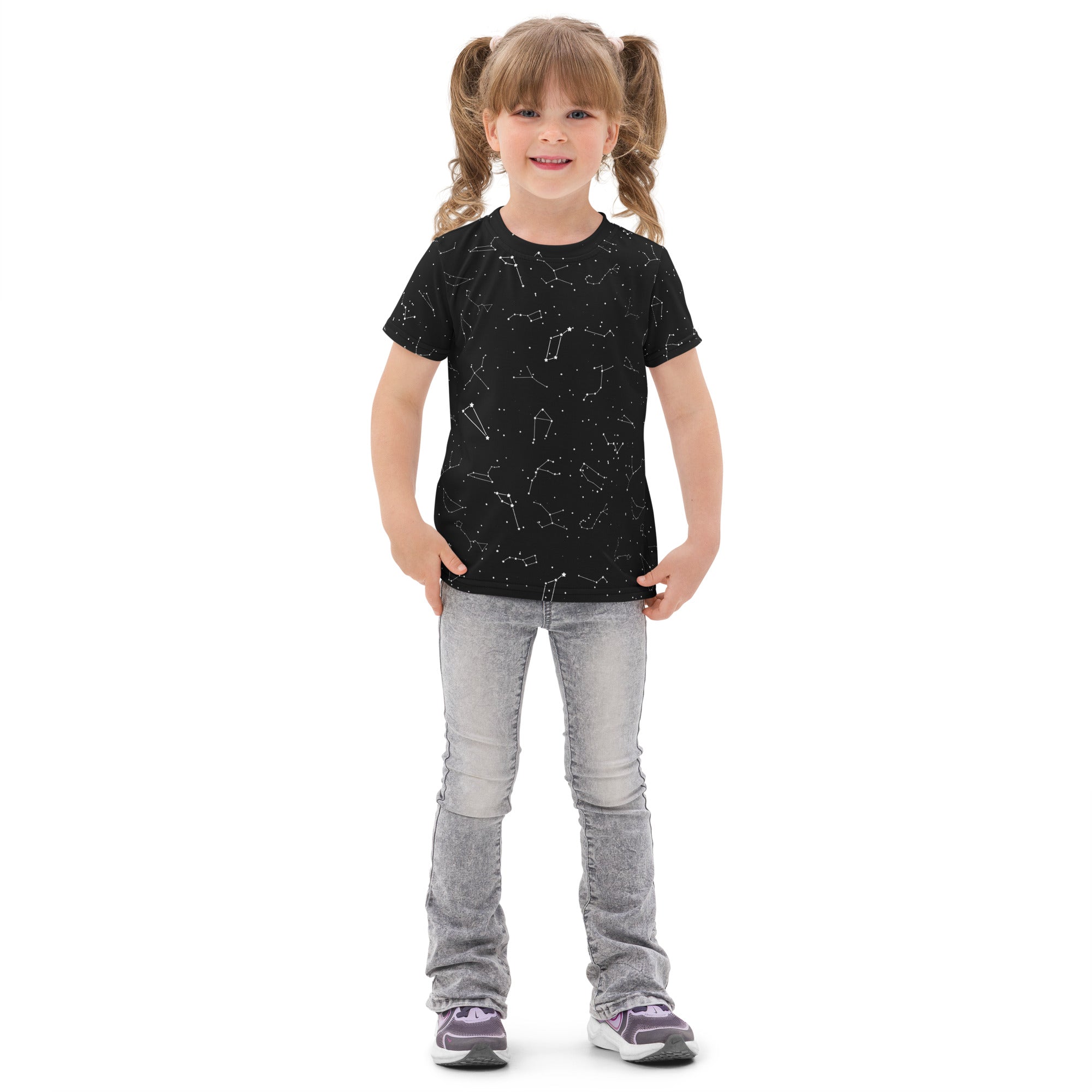 Black kids cotton short-sleeved t-shirt featuring a white realistic constellation pattern for casual wear