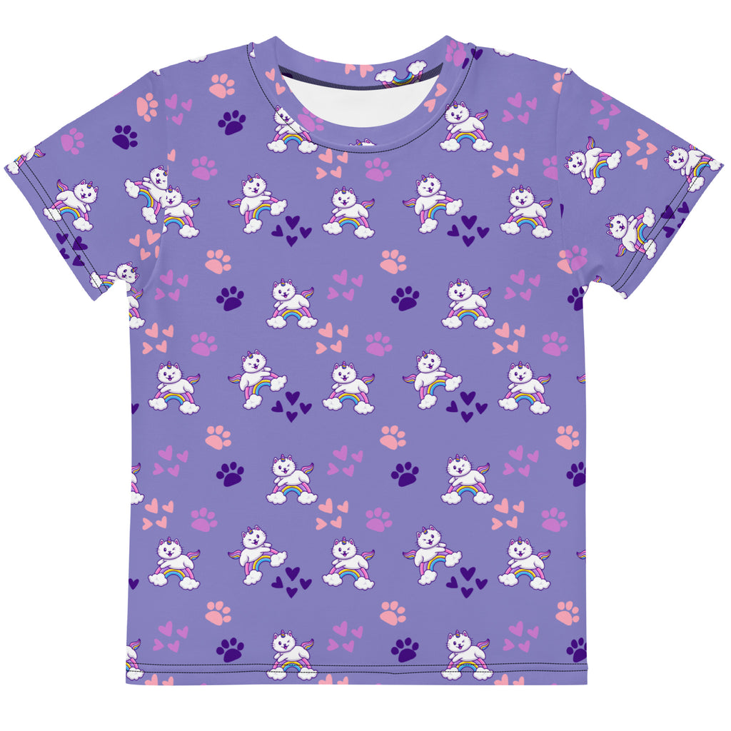 Girls purple caticorn cotton t-shirt with short sleeves featuring white winged cats rainbows and pink paw prints all over
