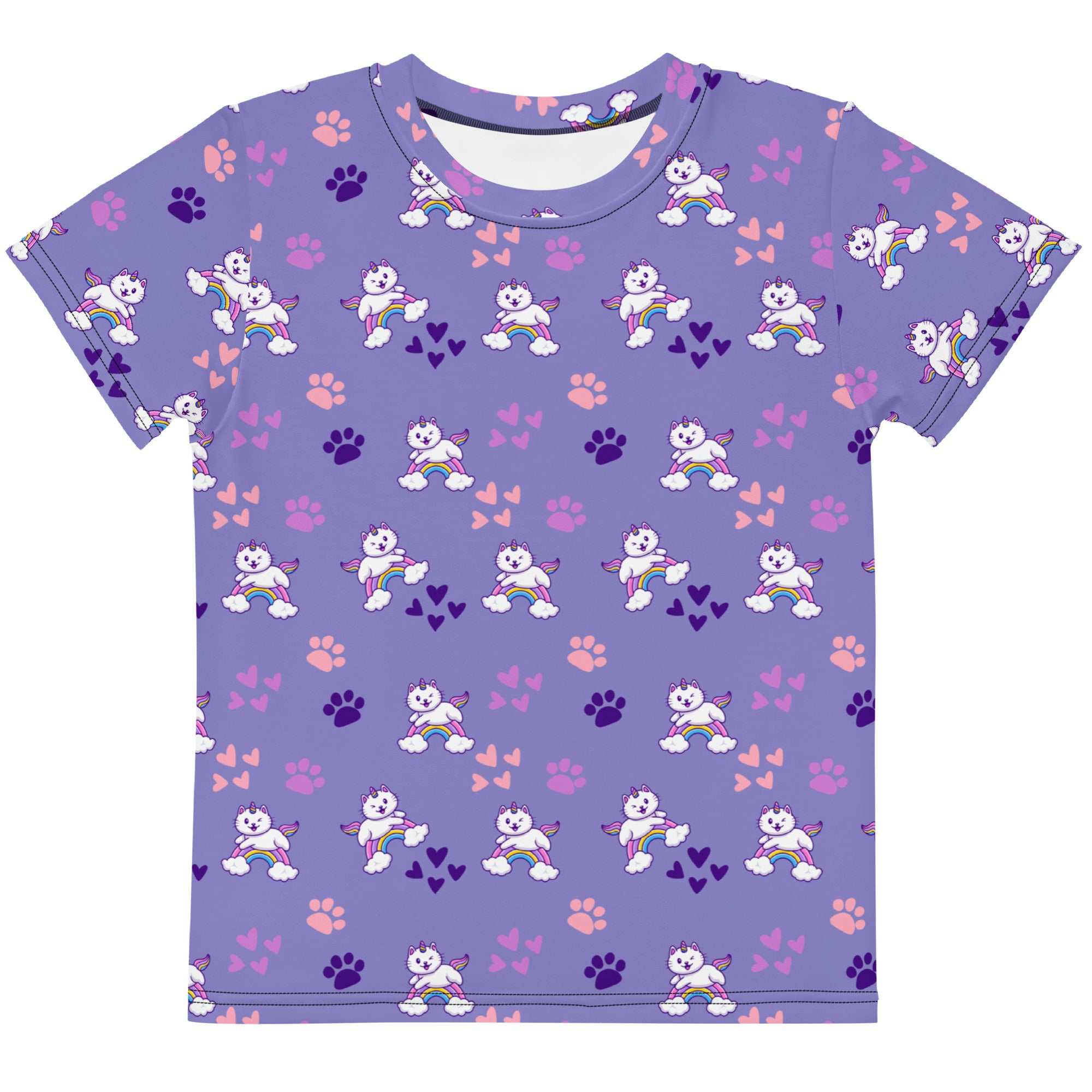 Girls purple caticorn cotton t-shirt with short sleeves featuring white winged cats rainbows and pink paw prints all over