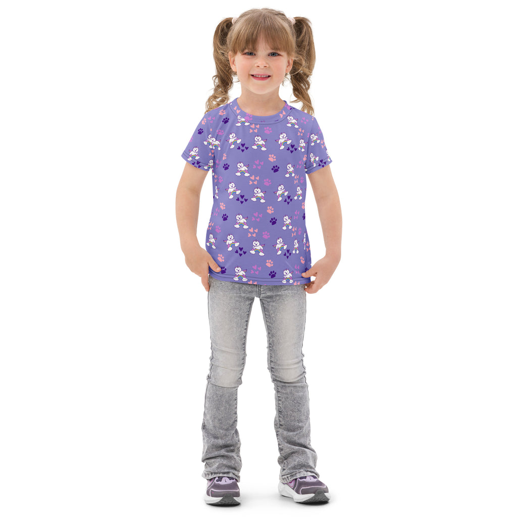 Girls purple caticorn cotton t-shirt with short sleeves featuring white cartoon ghosts and pink paw prints pattern