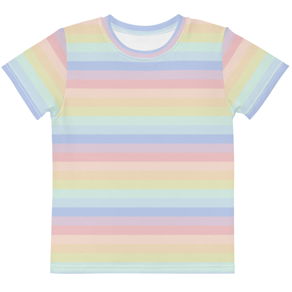 Girls pastel rainbow stripes cotton t-shirt with soft horizontal stripes in pink blue yellow and green