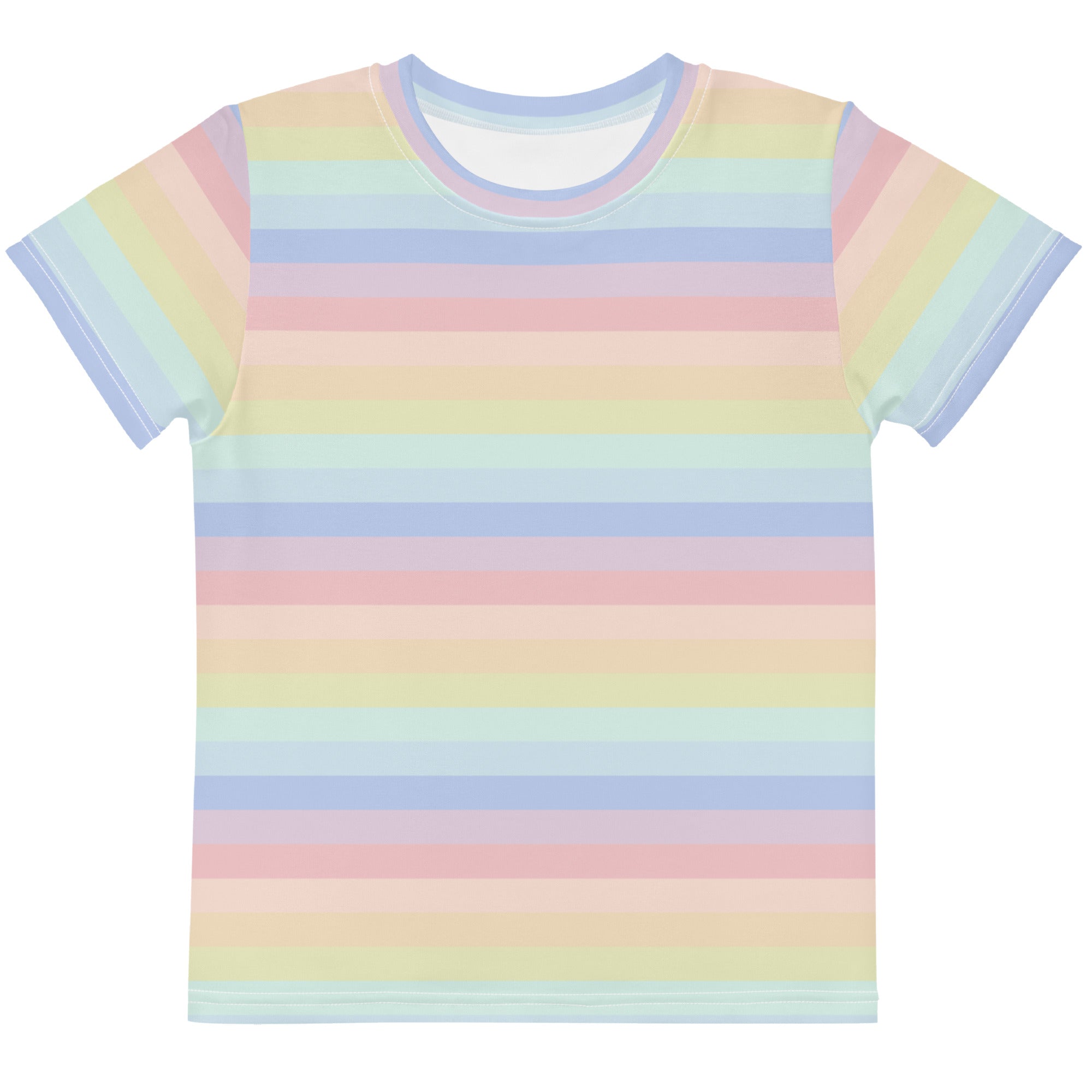 Girls pastel rainbow stripes cotton t-shirt with soft horizontal stripes in pink blue yellow and green