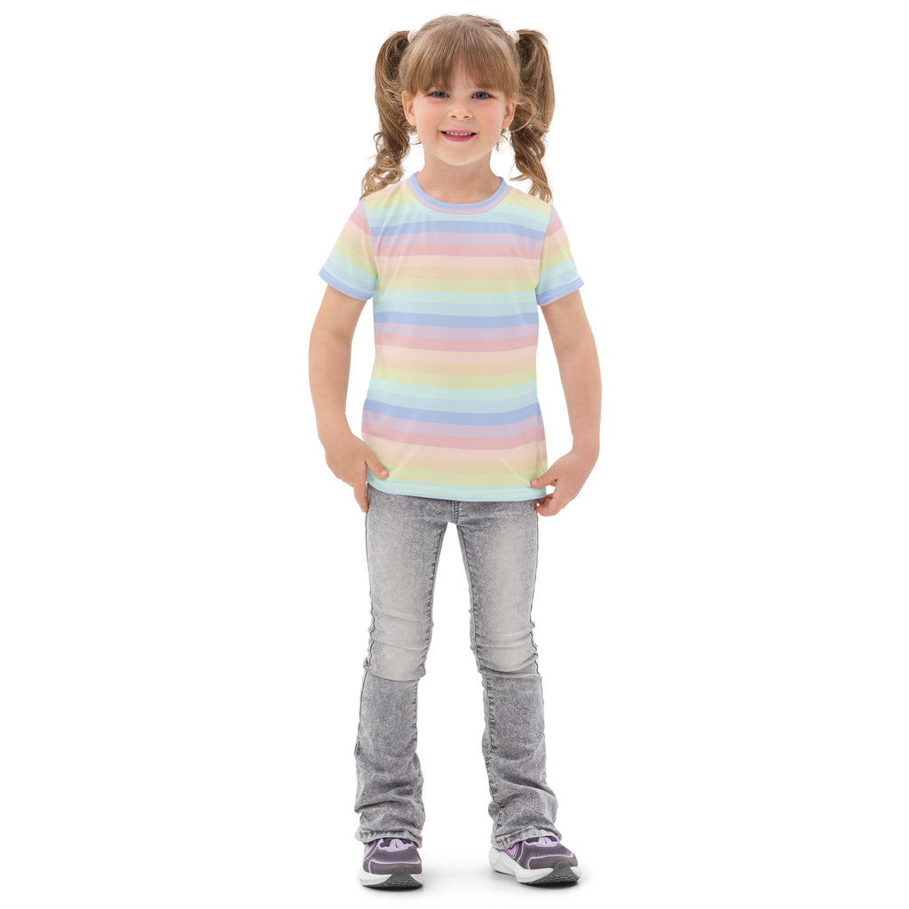 Girls pastel rainbow stripes cotton short-sleeved t-shirt with soft multicolor stripes for casual wear