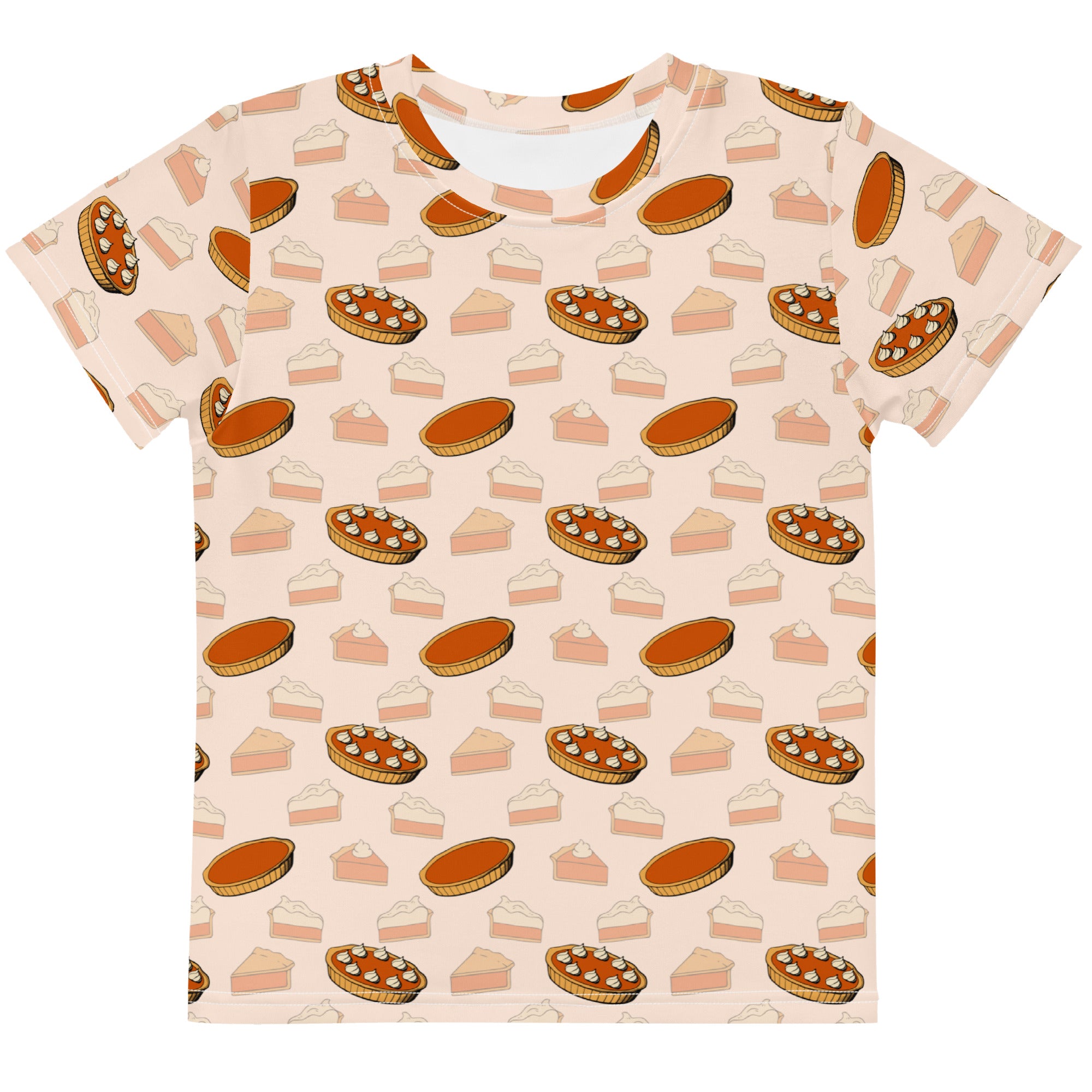 Kids pumpkin pie thanksgiving cotton t-shirt with short sleeves and pumpkin pie pattern on light beige background