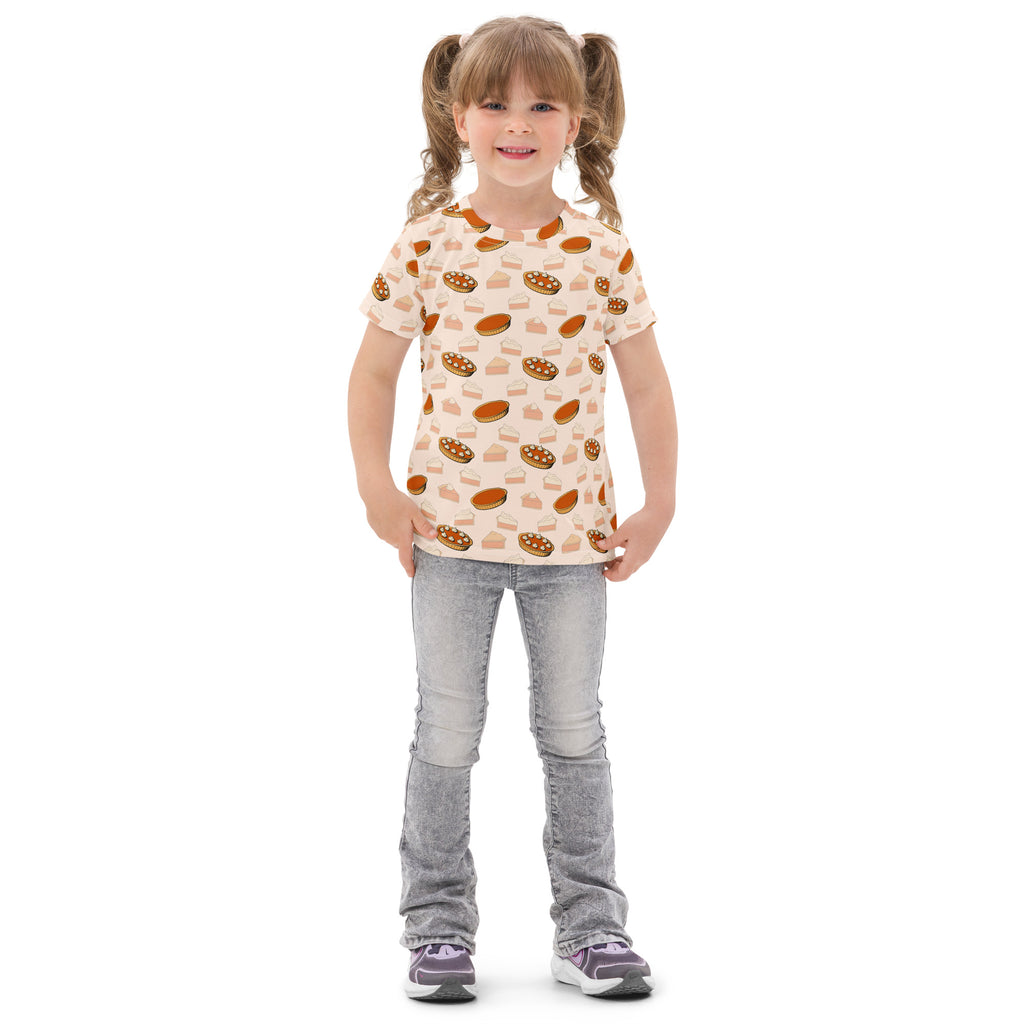 Kids pumpkin pie thanksgiving cotton t-shirt with playful hot dog and bun pattern on off-white short-sleeved fabric