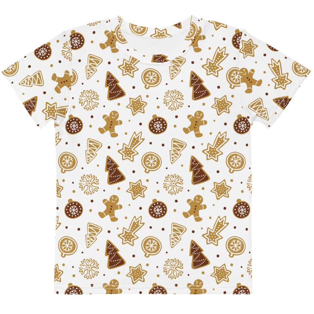 White kids short-sleeved cotton t-shirt with festive brown gingerbread men and christmas patterns for holidays