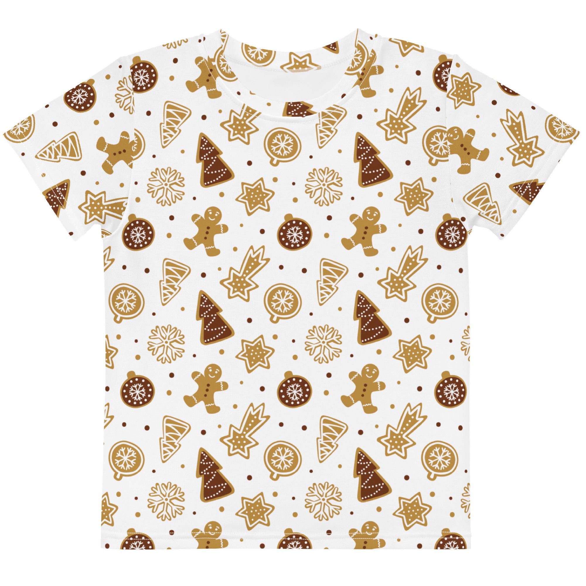 White kids short-sleeved cotton t-shirt with festive brown gingerbread men and christmas patterns for holidays