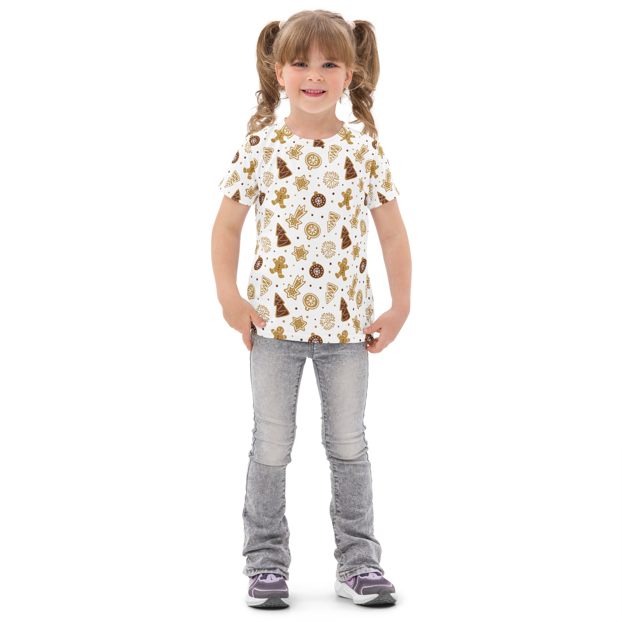 Kids gingerbread cookies christmas cotton t-shirt white short-sleeved with brown and gold festive cookie pattern