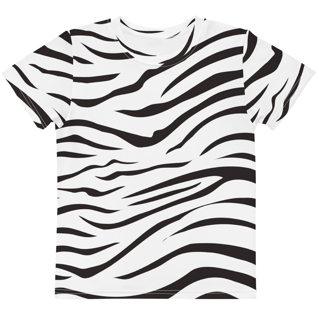 Kids zebra print cotton t shirt featuring black and white zebra stripes short sleeves and classic crew neck design