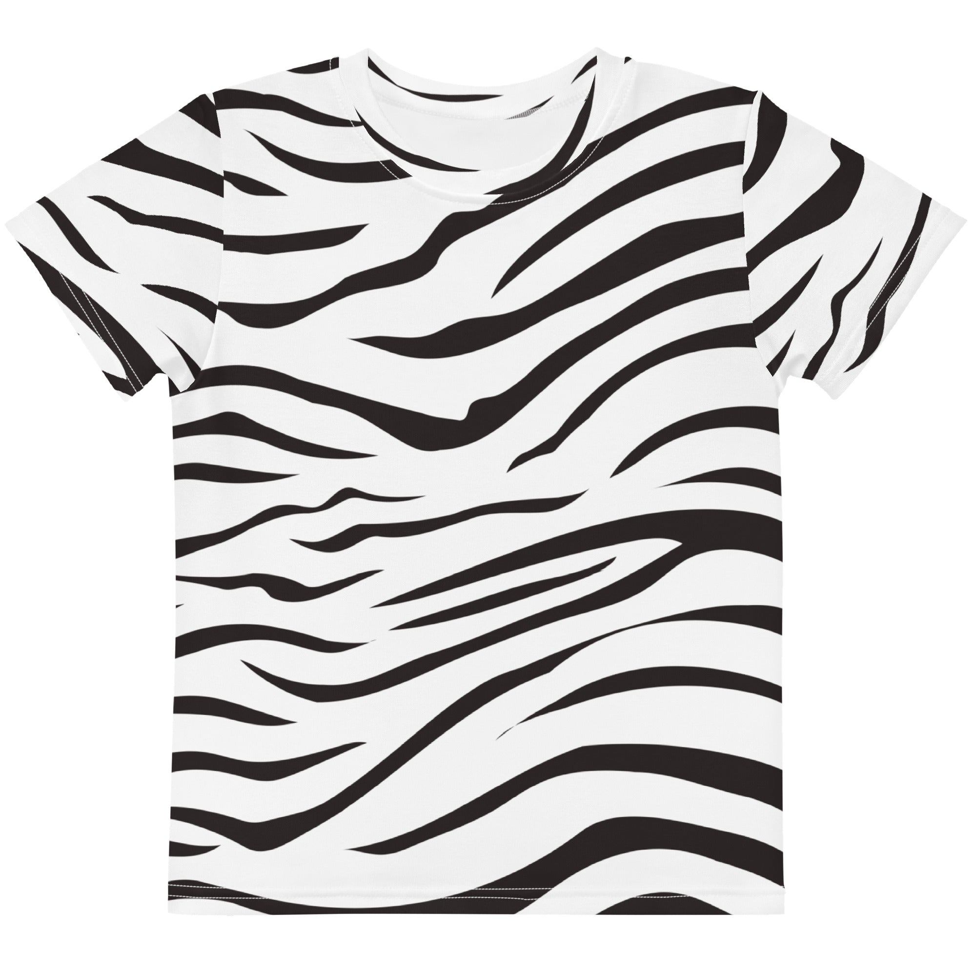 Kids zebra print cotton t shirt featuring black and white zebra stripes short sleeves and classic crew neck design