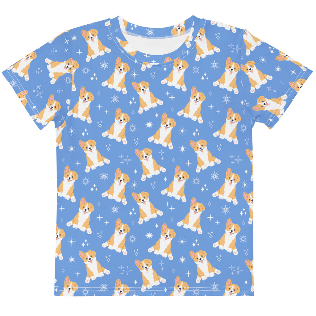 Kids Blue Corgi Dog Cotton T-Shirt