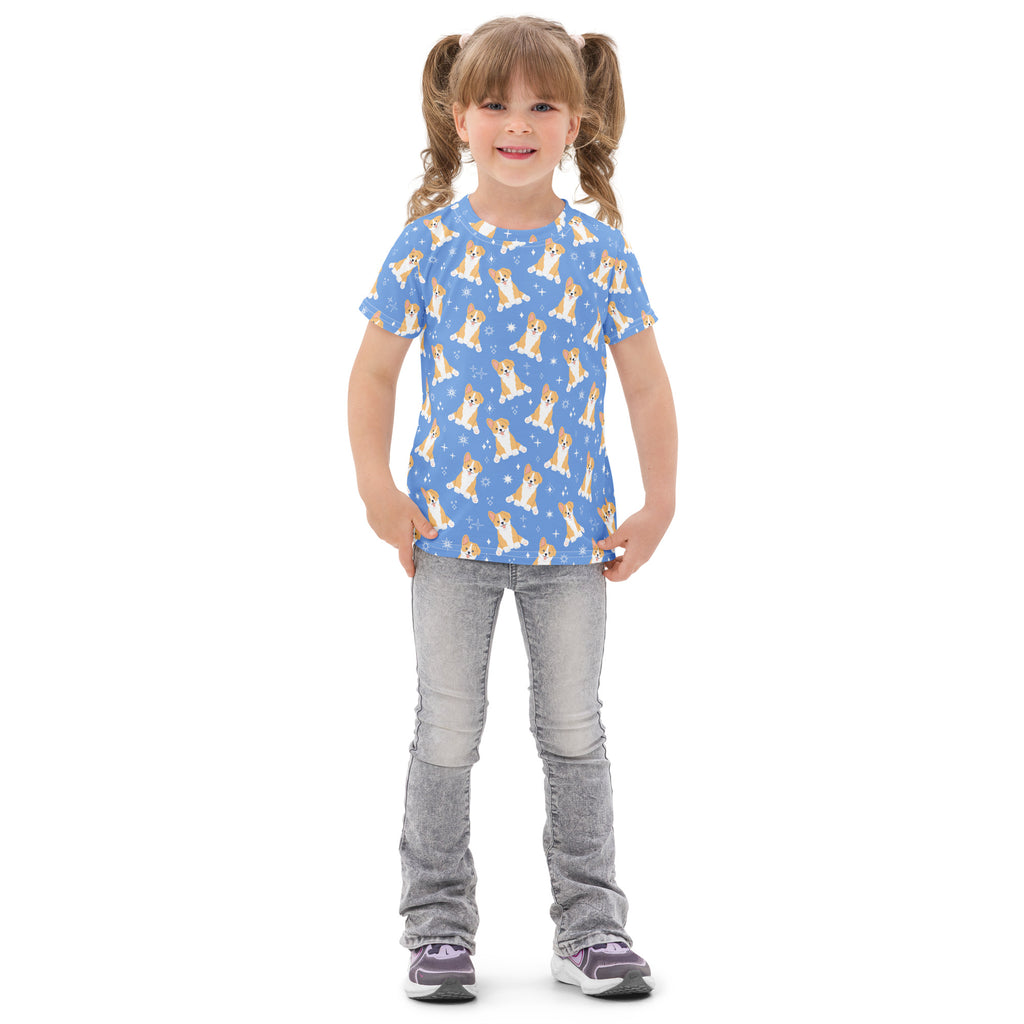 Kids Blue Corgi Dog Cotton T-Shirt