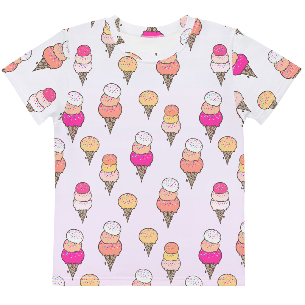 White kids ice cream cone cotton t-shirt with colorful cartoon-style ice cream cone print in pink peach and yellow