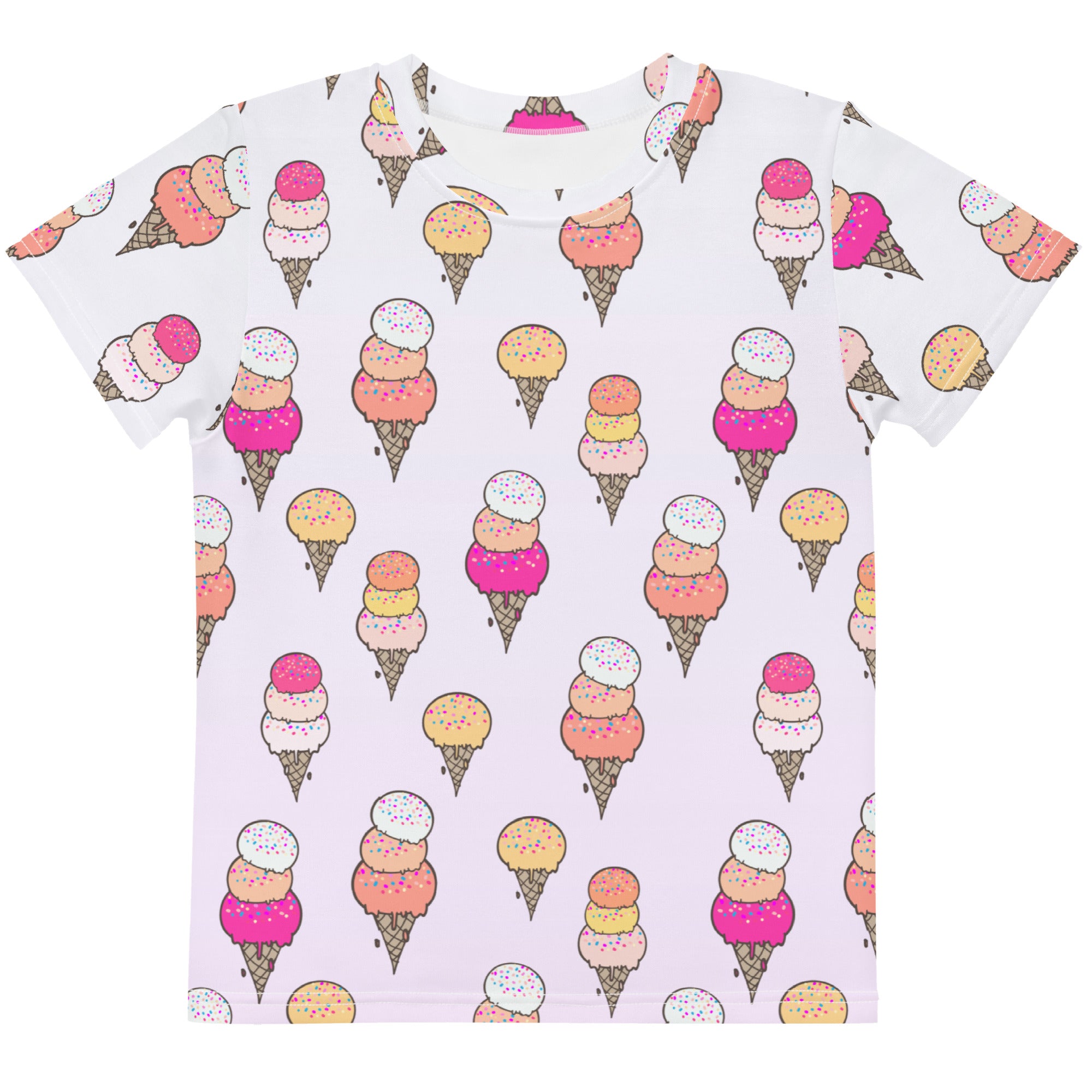 White kids ice cream cone cotton t-shirt with colorful cartoon-style ice cream cone print in pink peach and yellow