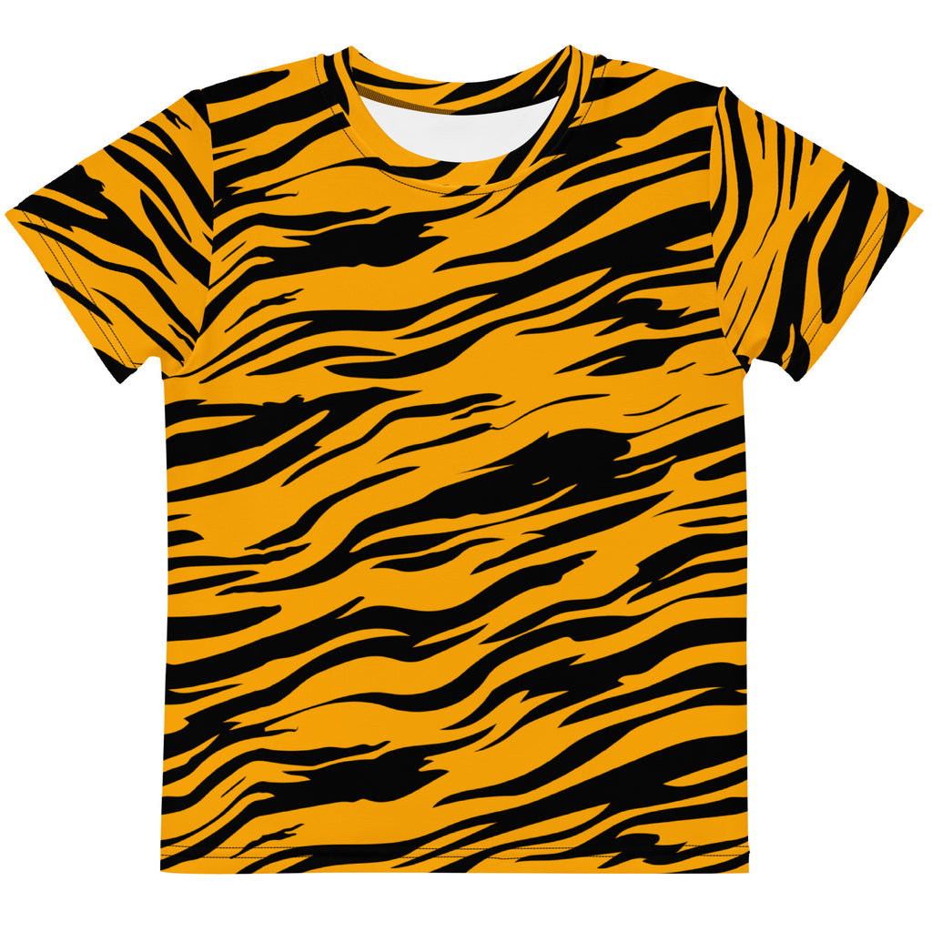 Kids tiger stripes cotton t-shirt featuring a vibrant orange and black tiger stripe pattern with short sleeves and crew neck