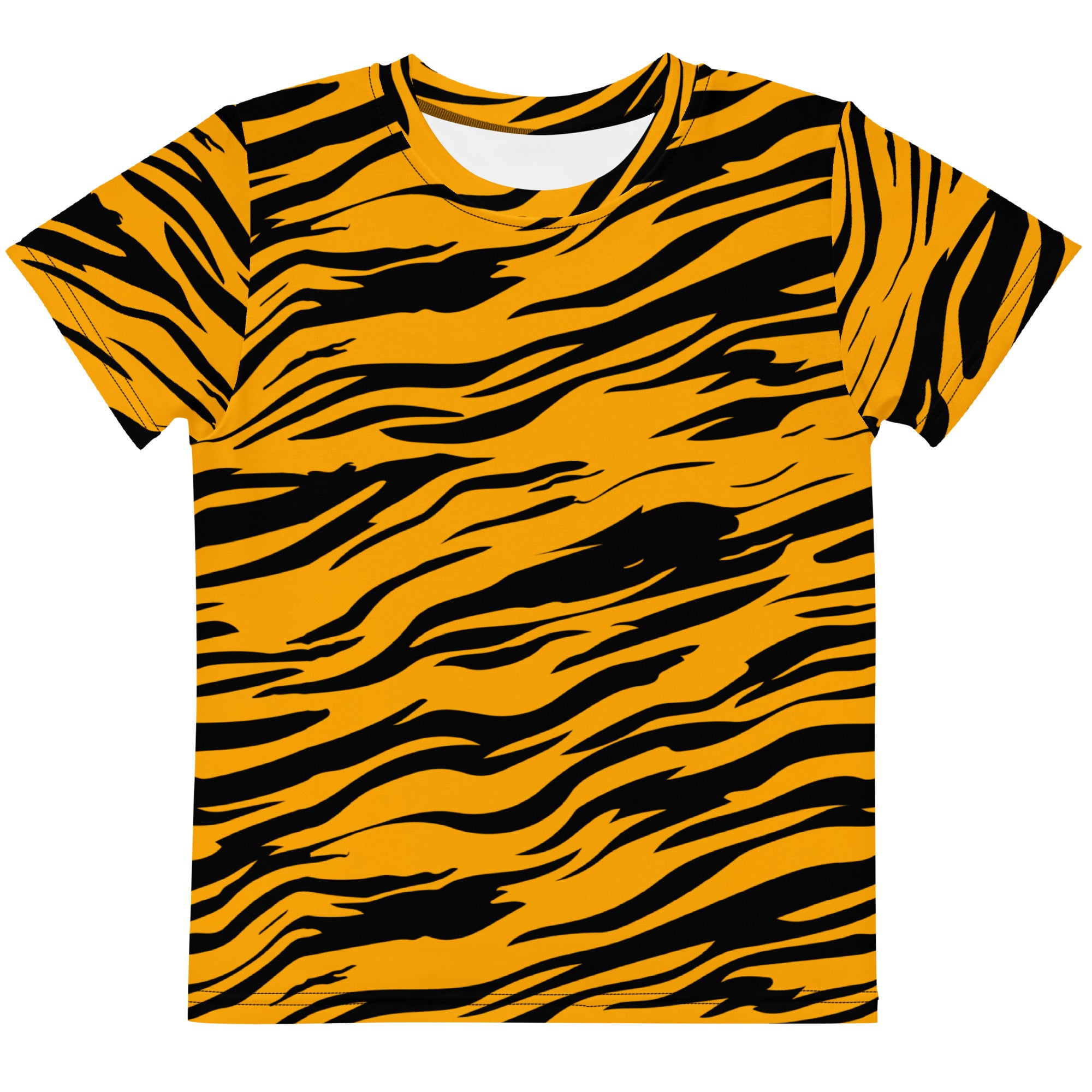 Kids tiger stripes cotton t-shirt featuring a vibrant orange and black tiger stripe pattern with short sleeves and crew neck