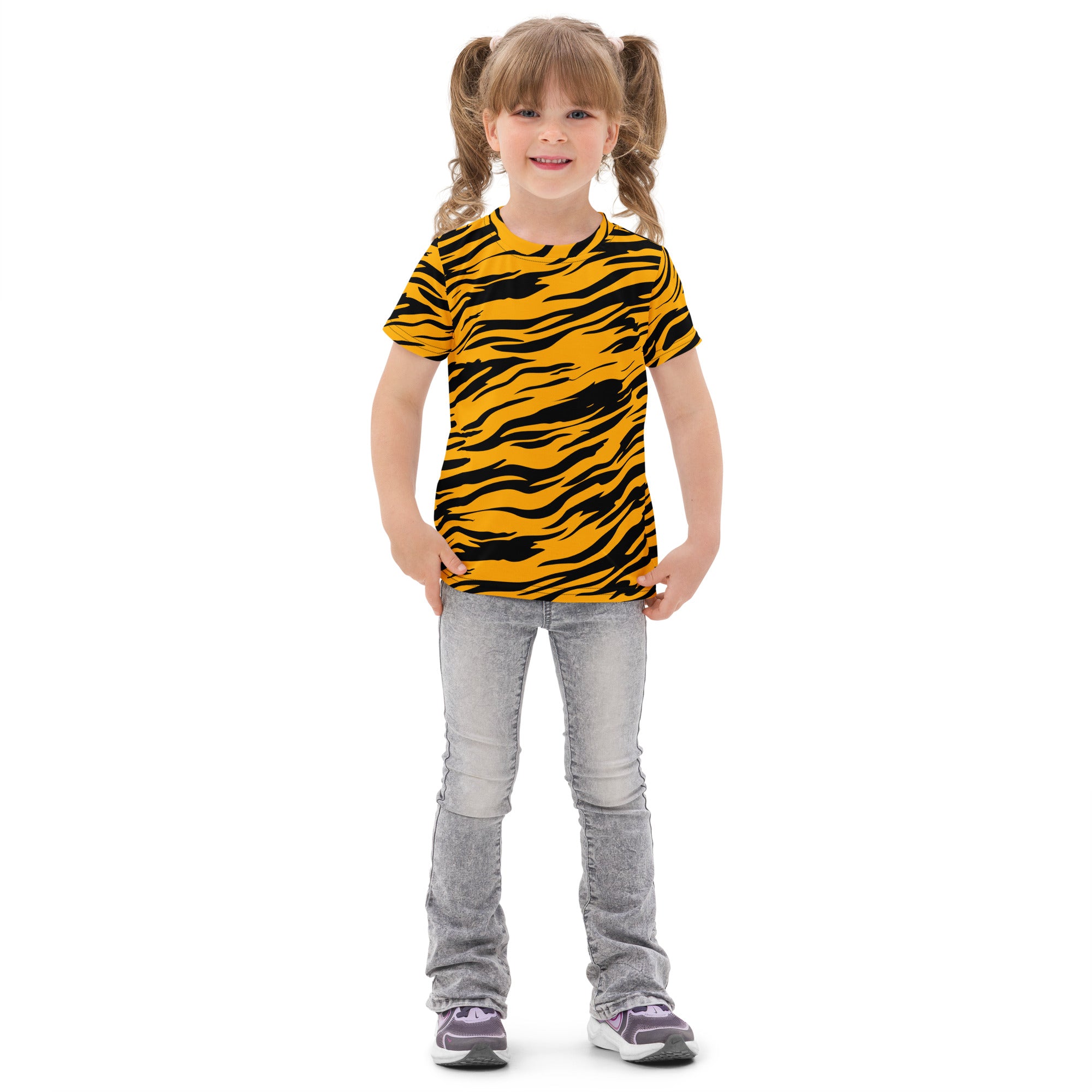 Kids tiger stripes cotton t-shirt featuring yellow and black tiger stripe pattern with short sleeves for comfortable wear