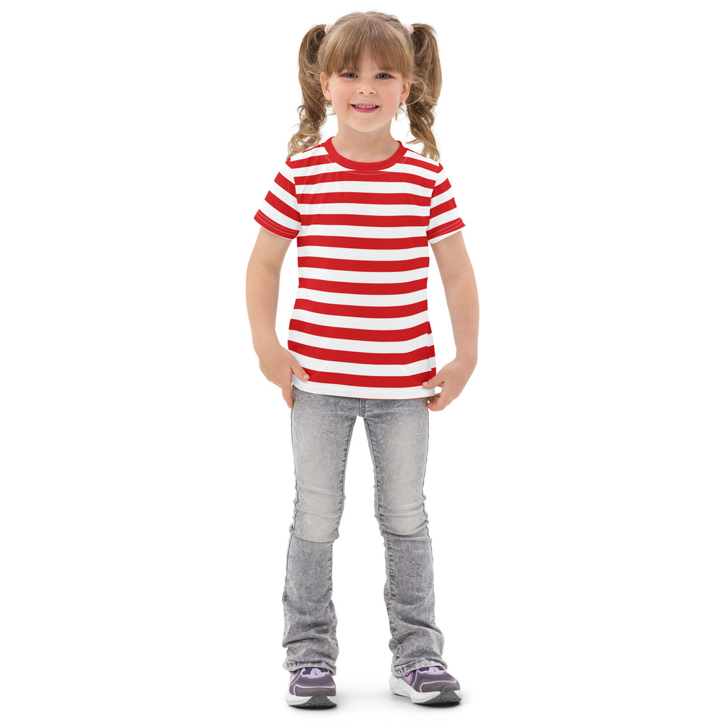 Kids red and white striped cotton t-shirt featuring short sleeves and a comfortable fit for everyday wear