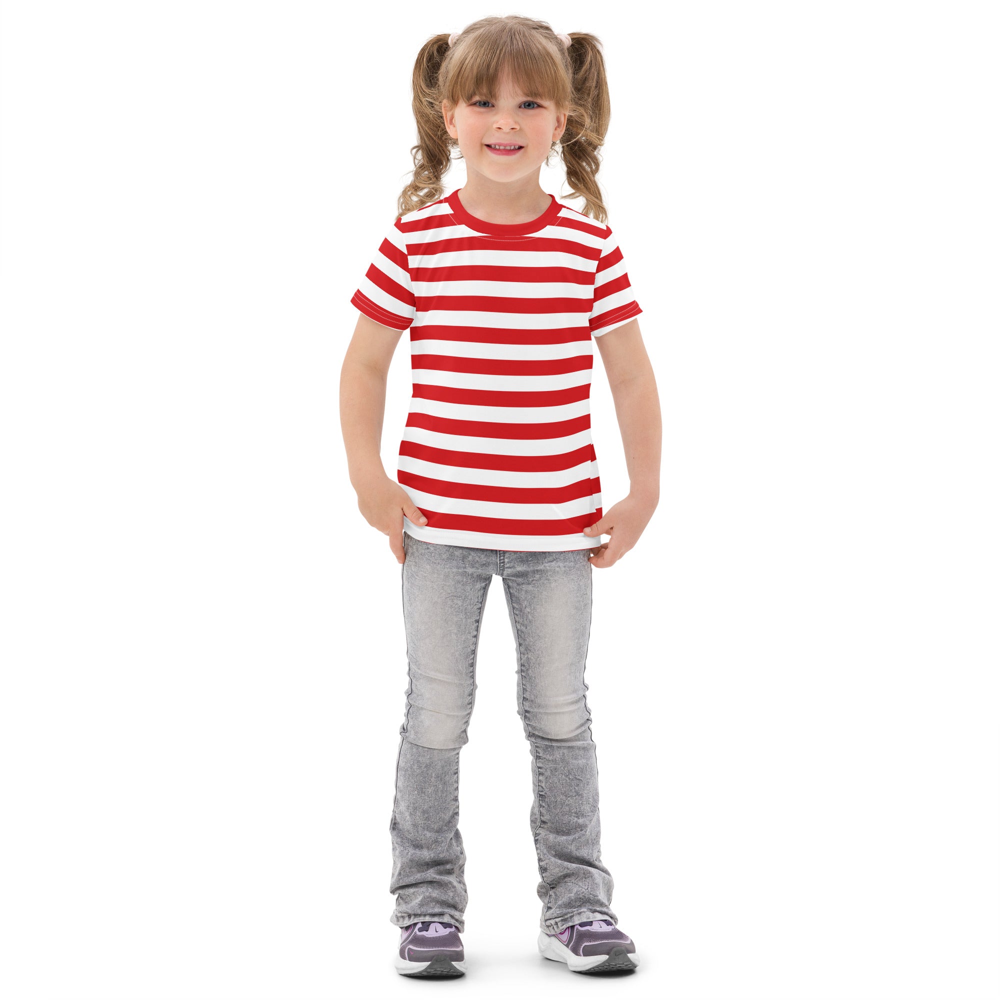 Kids red and white striped cotton t-shirt featuring short sleeves and a comfortable fit for everyday wear