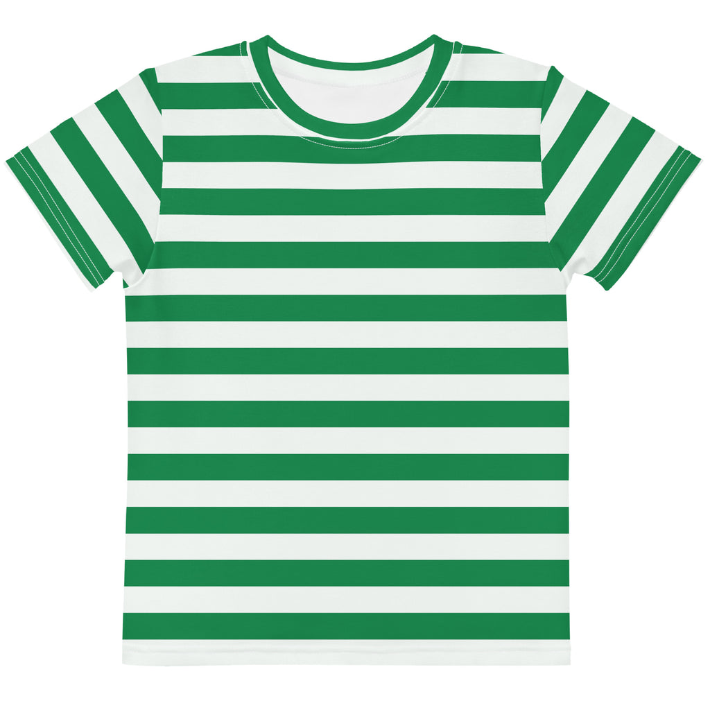 Kids green and white striped cotton t-shirt with short sleeves and round neckline for casual wear