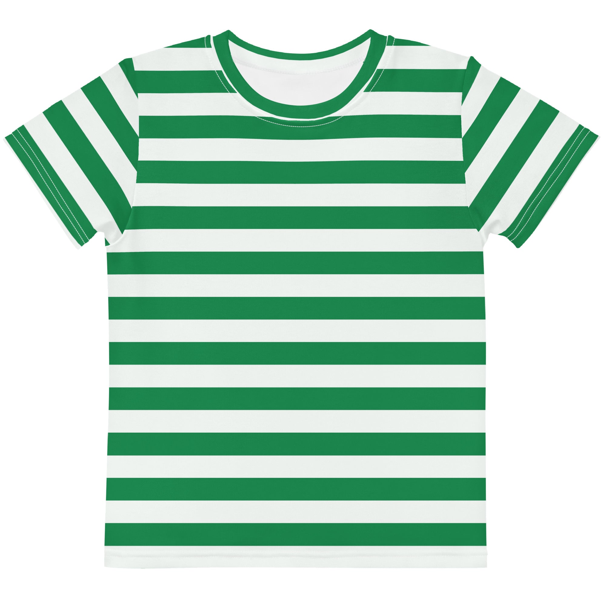 Kids green and white striped cotton t-shirt with short sleeves and round neckline for casual wear