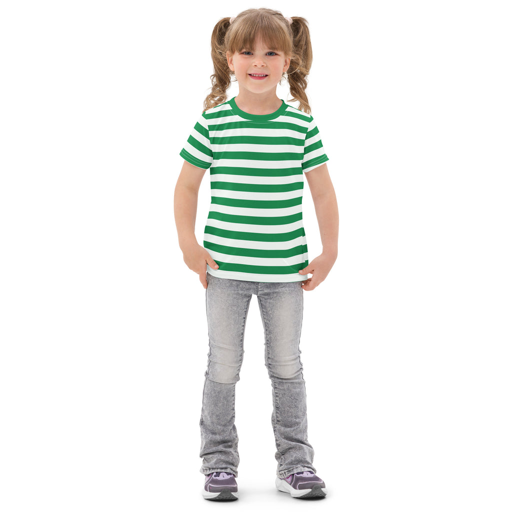 A child wearing a kids green and white striped cotton t-shirt with light gray jeans front view