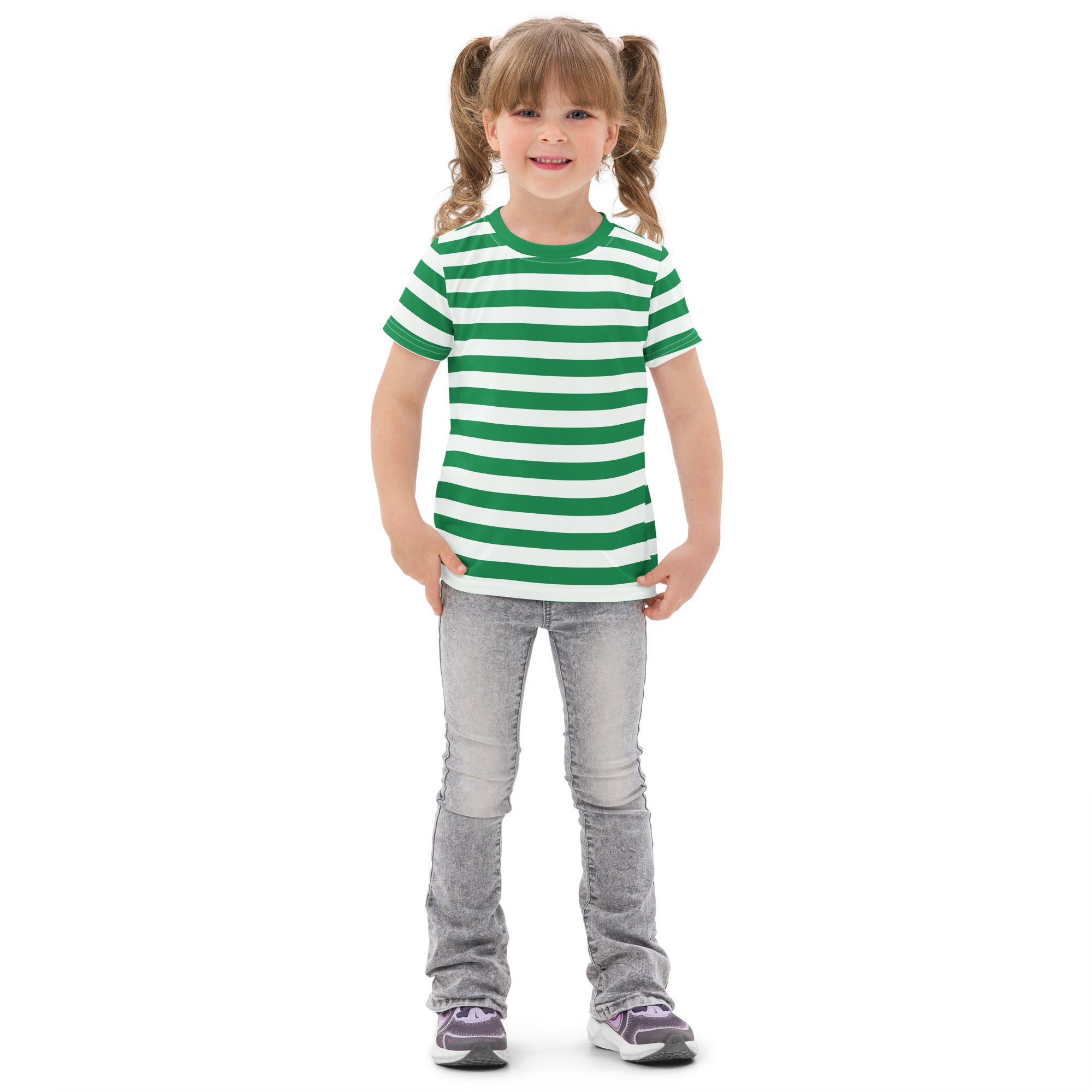 A child wearing a kids green and white striped cotton t-shirt with light gray jeans front view