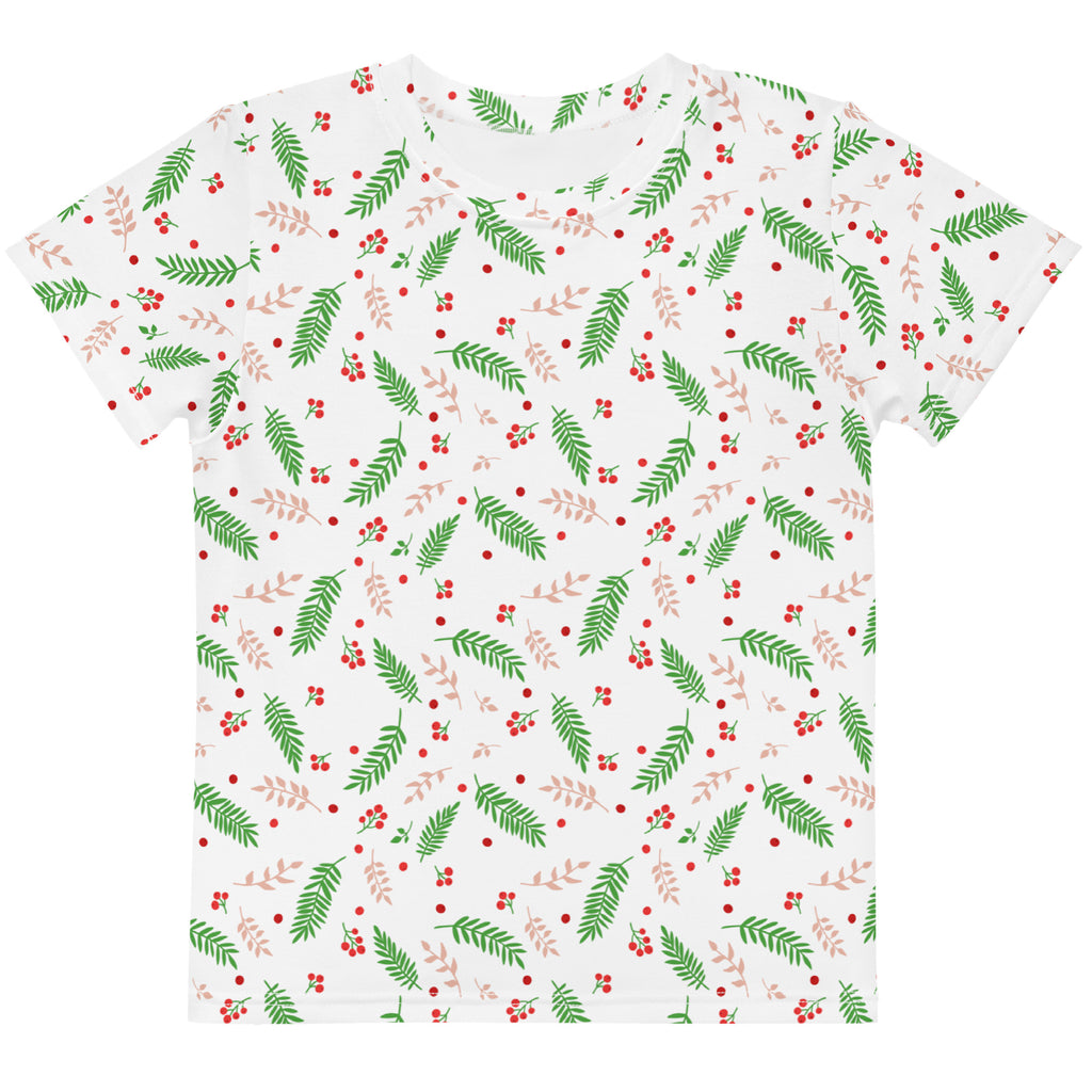 Kids holly berry christmas cotton t-shirt in white with green and blush pink leaf pattern and red berries
