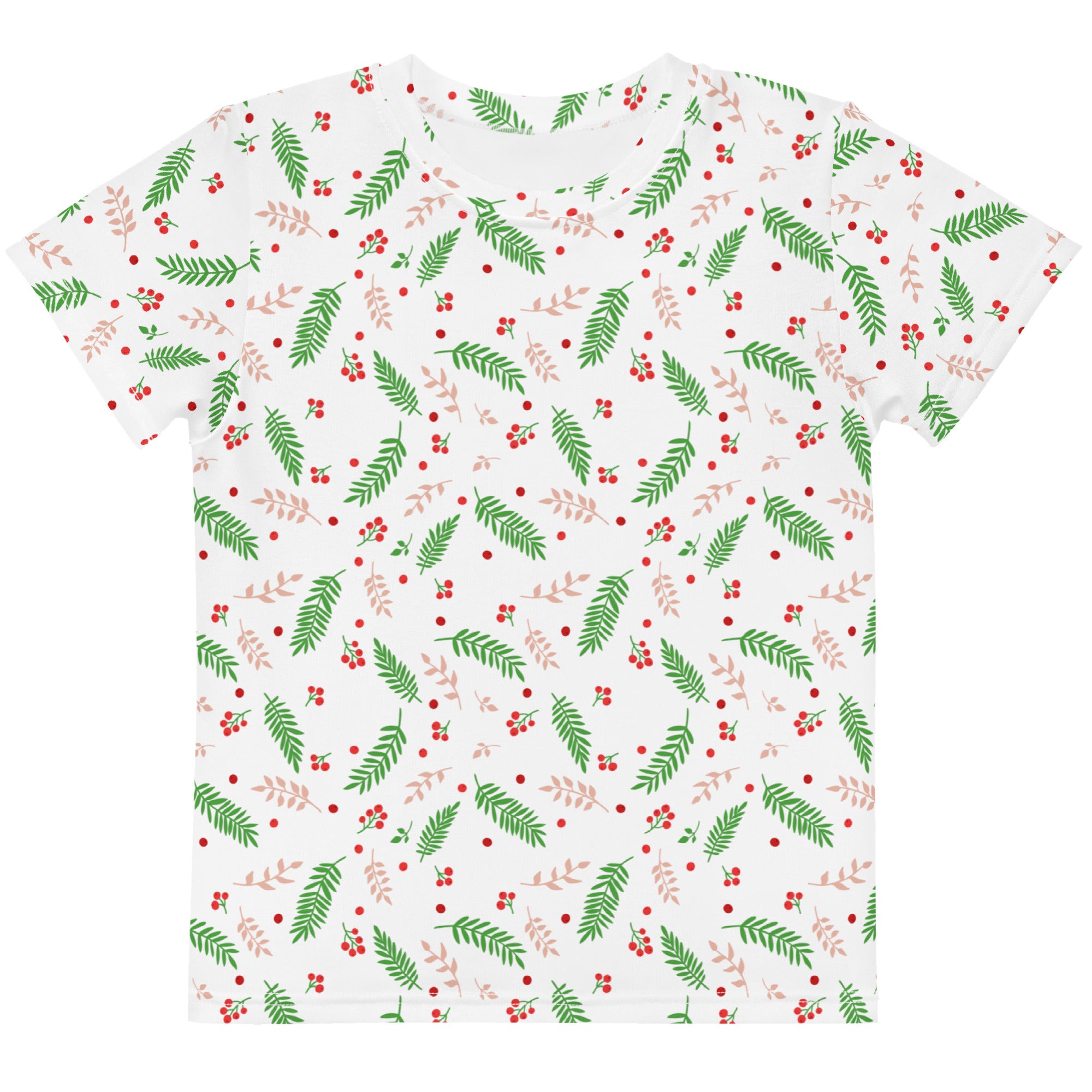 Kids holly berry christmas cotton t-shirt in white with green and blush pink leaf pattern and red berries