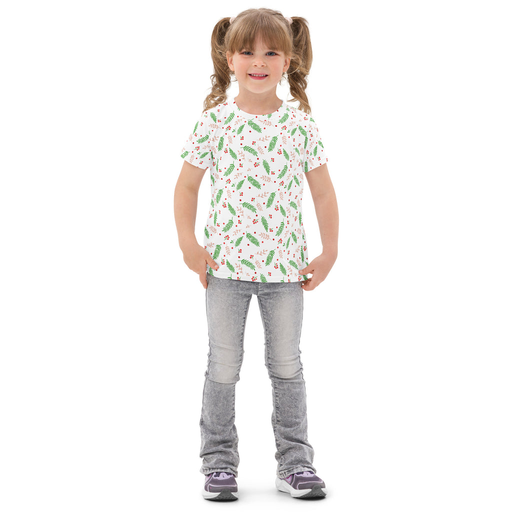 Kids holly berry christmas cotton t-shirt in white with green leaf and red berry pattern and short sleeves