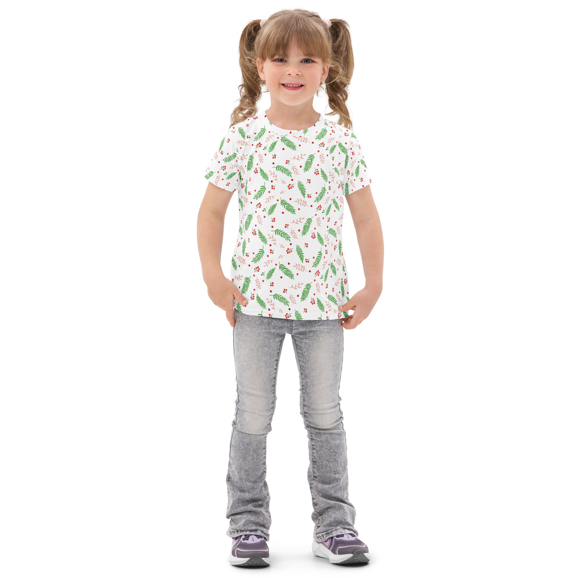 Kids holly berry christmas cotton t-shirt in white with green leaf and red berry pattern and short sleeves