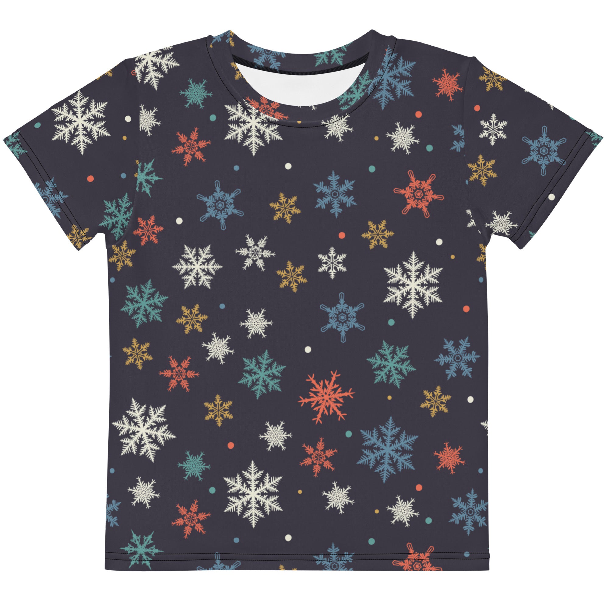 Kids colorful snowflakes cotton t-shirt in dark gray with vibrant multicolored snowflake all-over print and short sleeves